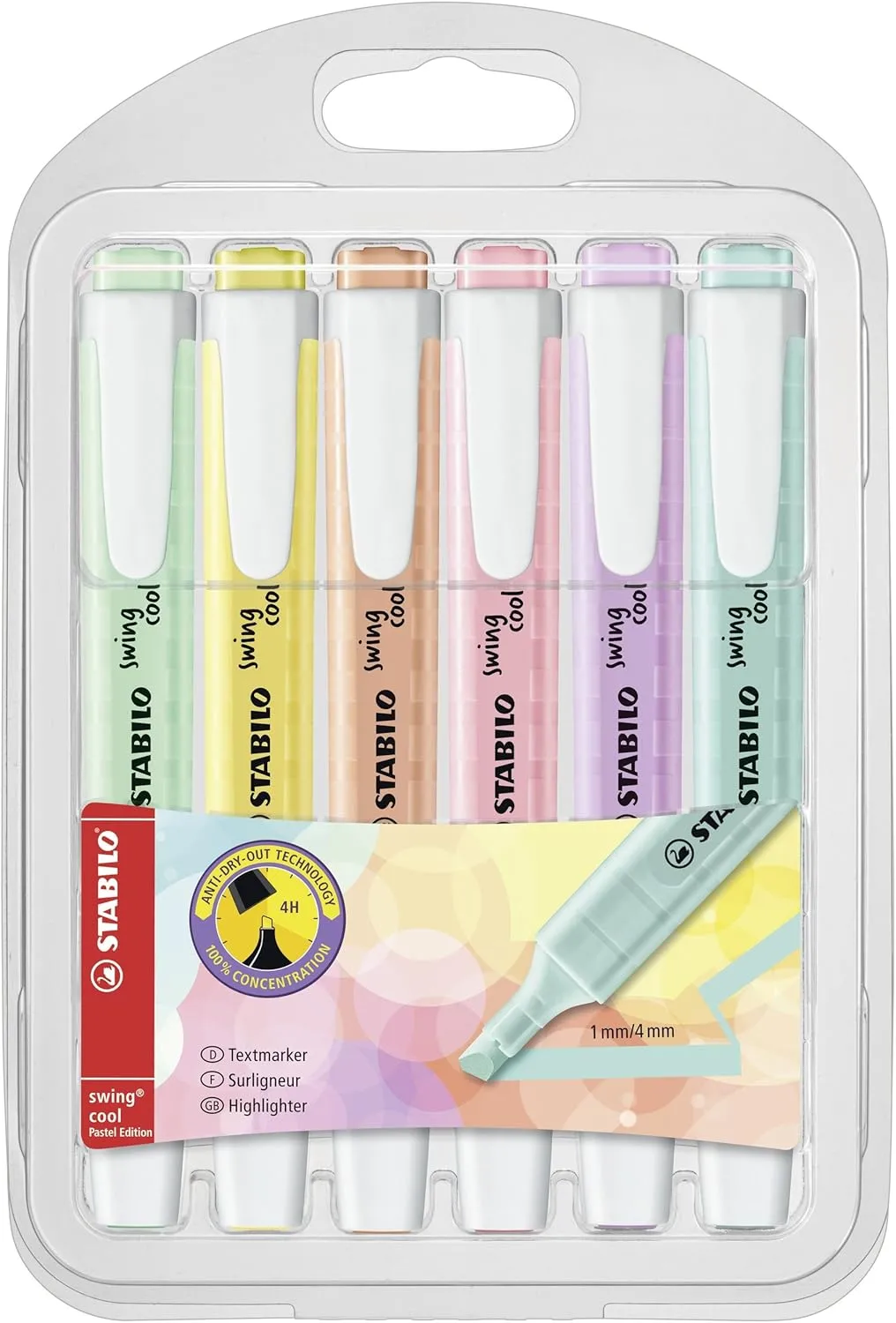 STABILO Swing Cool Pastel Highlighter Pen Set | Turquoise Mint Peach Pink Yellow Lilac | Pack of 6