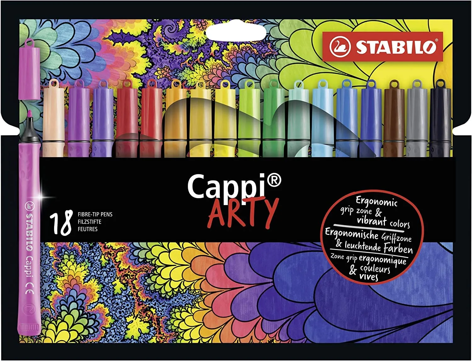 STABILO Felt Medium Tip Pen Cappi Arty - Wallet of 18,  2 Cap-Rings, Multicolor
