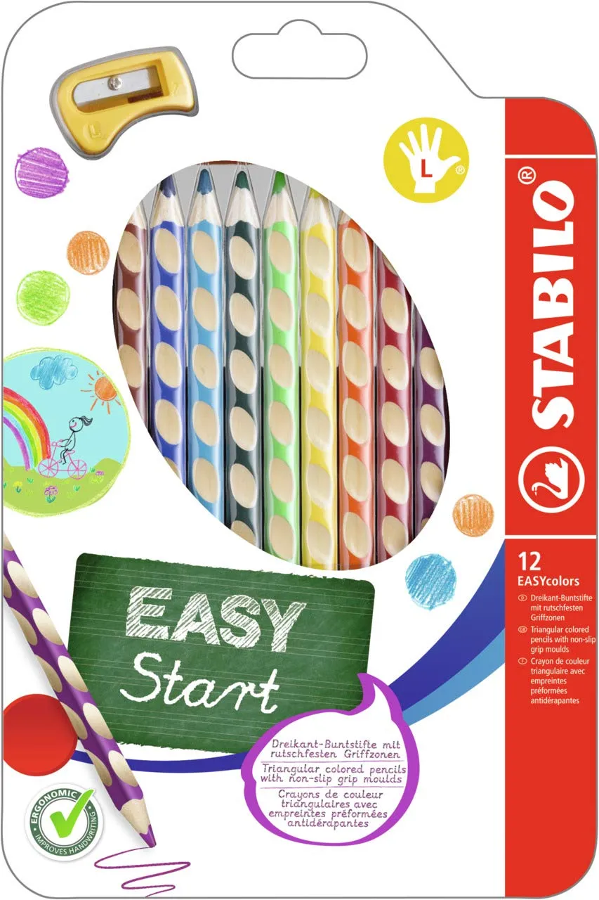 STABILO EASYcolors Colouring Pencils for Left-Handers Comfortable Grip with Sharpener - Assorted Colours (Wallet of 12)