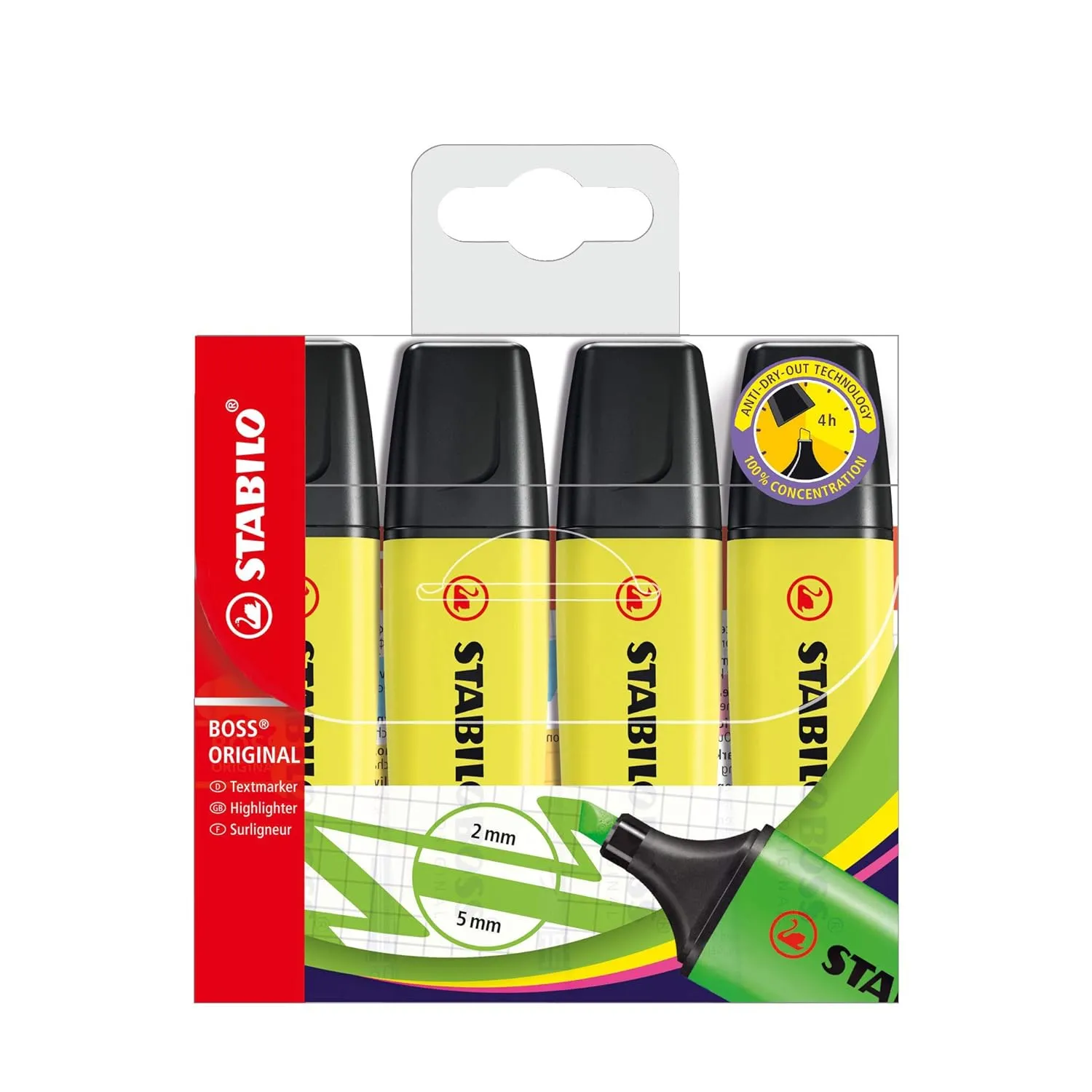 STABILO BOSS Original - Highlighter Pen - Wallet of 4 (Fluorescent Yellow)