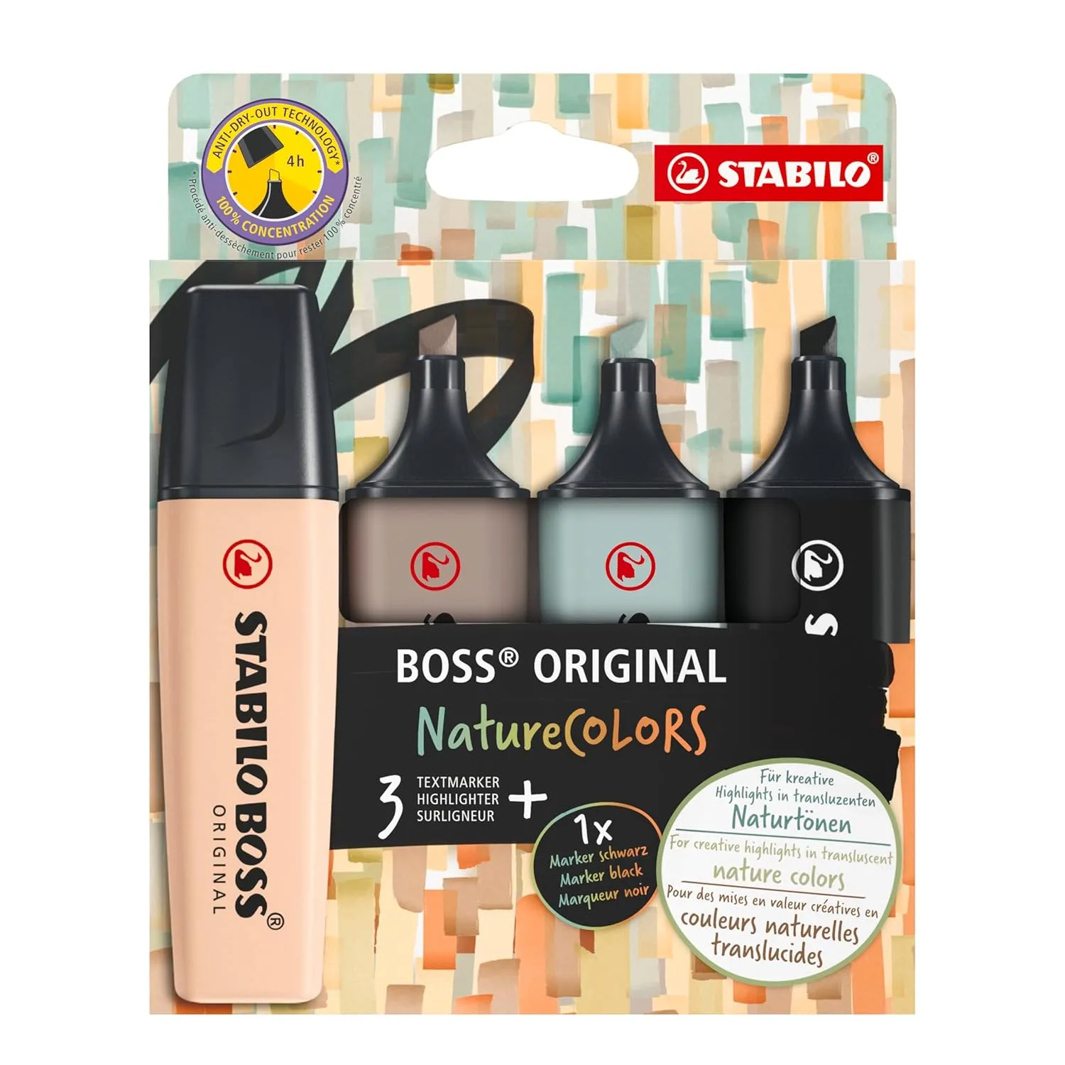 STABILO Aesthetic Highlighter Pen Set | BOSS ORIGINAL NatureCOLORS | Pack of 4 | Beige, Warm Grey, Earth Green, Black