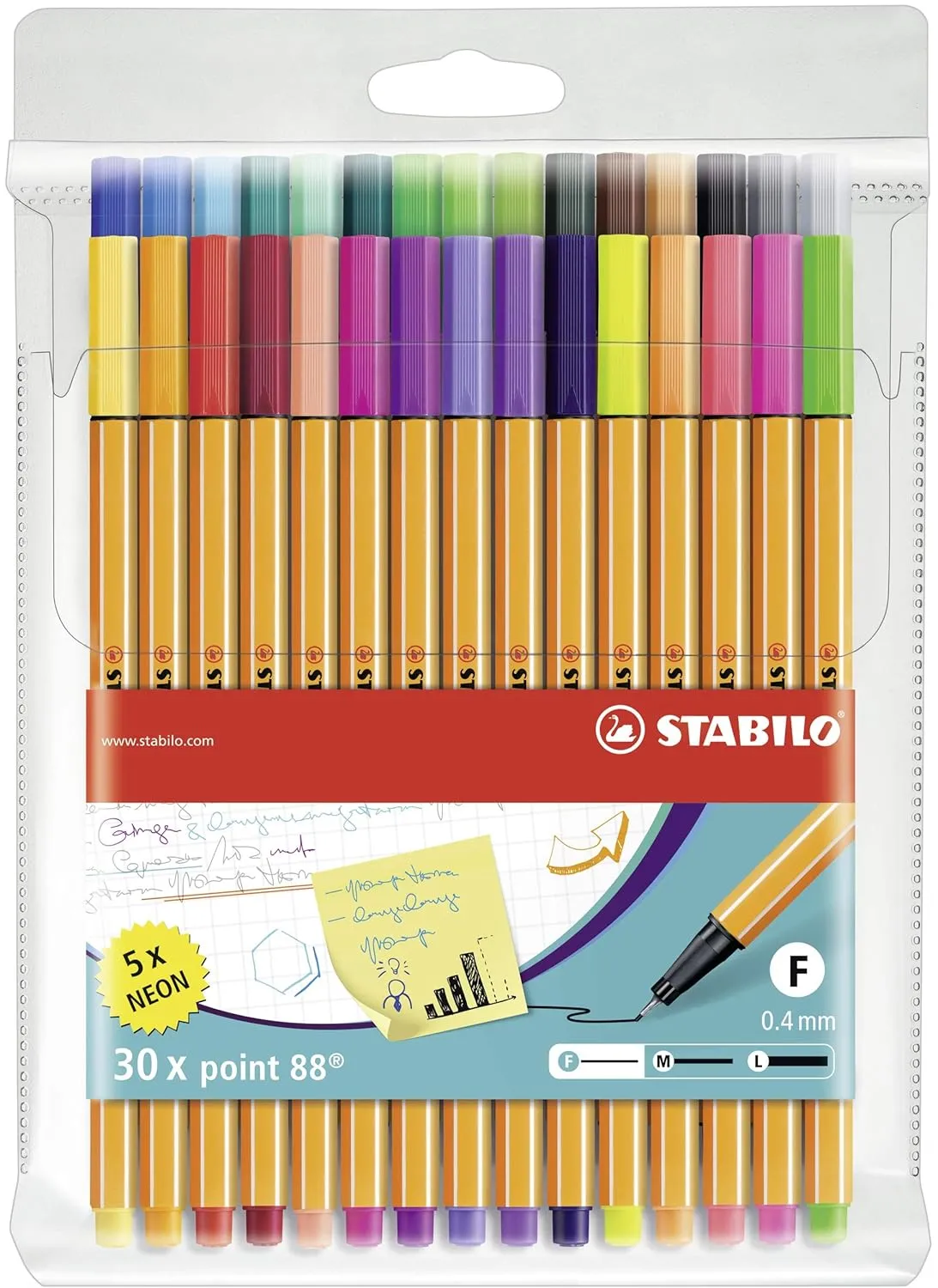 STABILO Fineliner point 88 - Pack of 30 - Assorted Colours including 5 Neon Colours