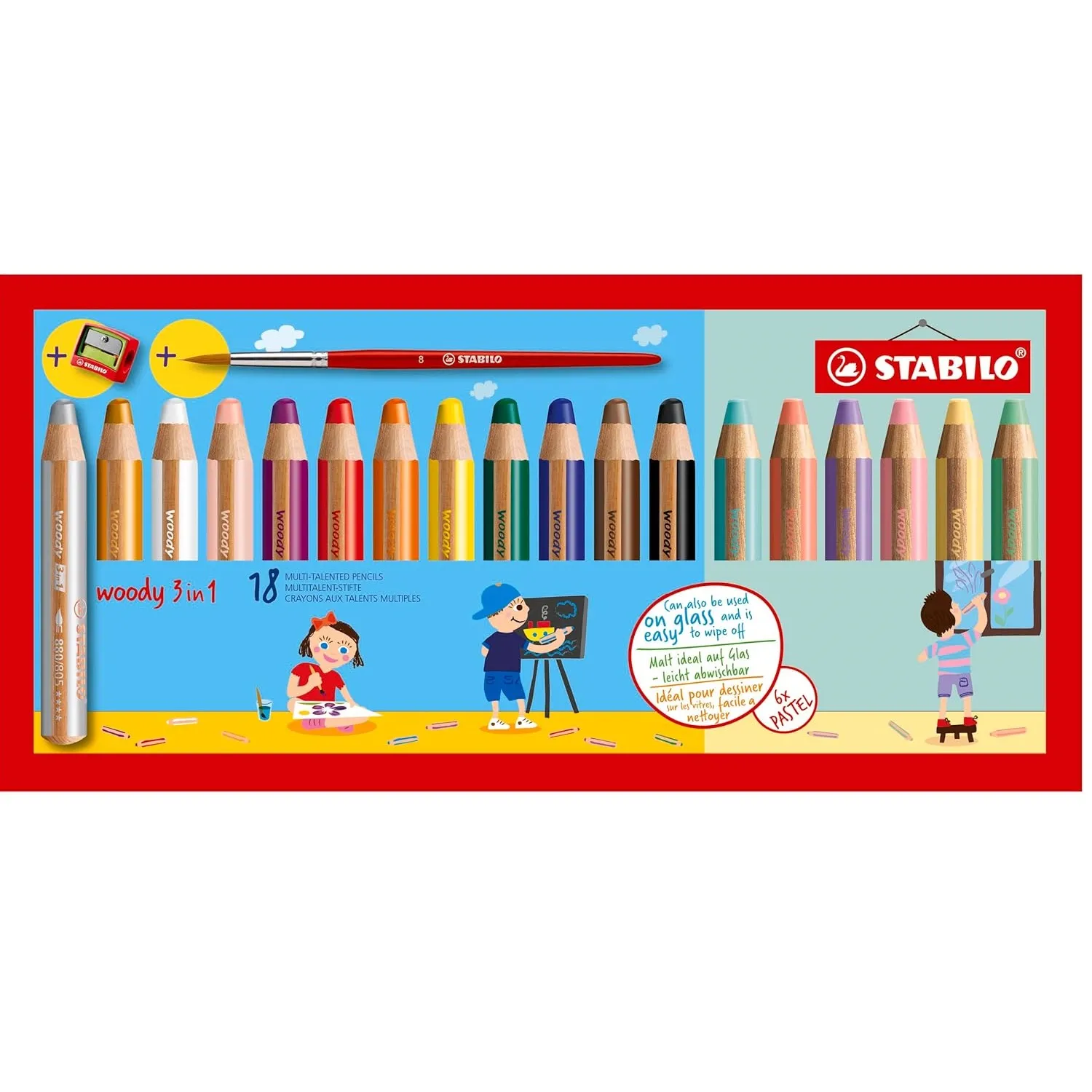 STABILO Multi-talented Pencil woody Pastel 3-in-1 Wallet of 18 Assorted Colours   Sharpener, Extra Large