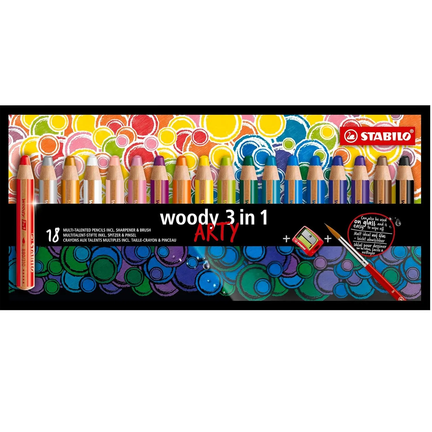 STABILO Multi-talented Pencil woody 3-in-1 ARTY wallet of 18 assorted colours   sharpener