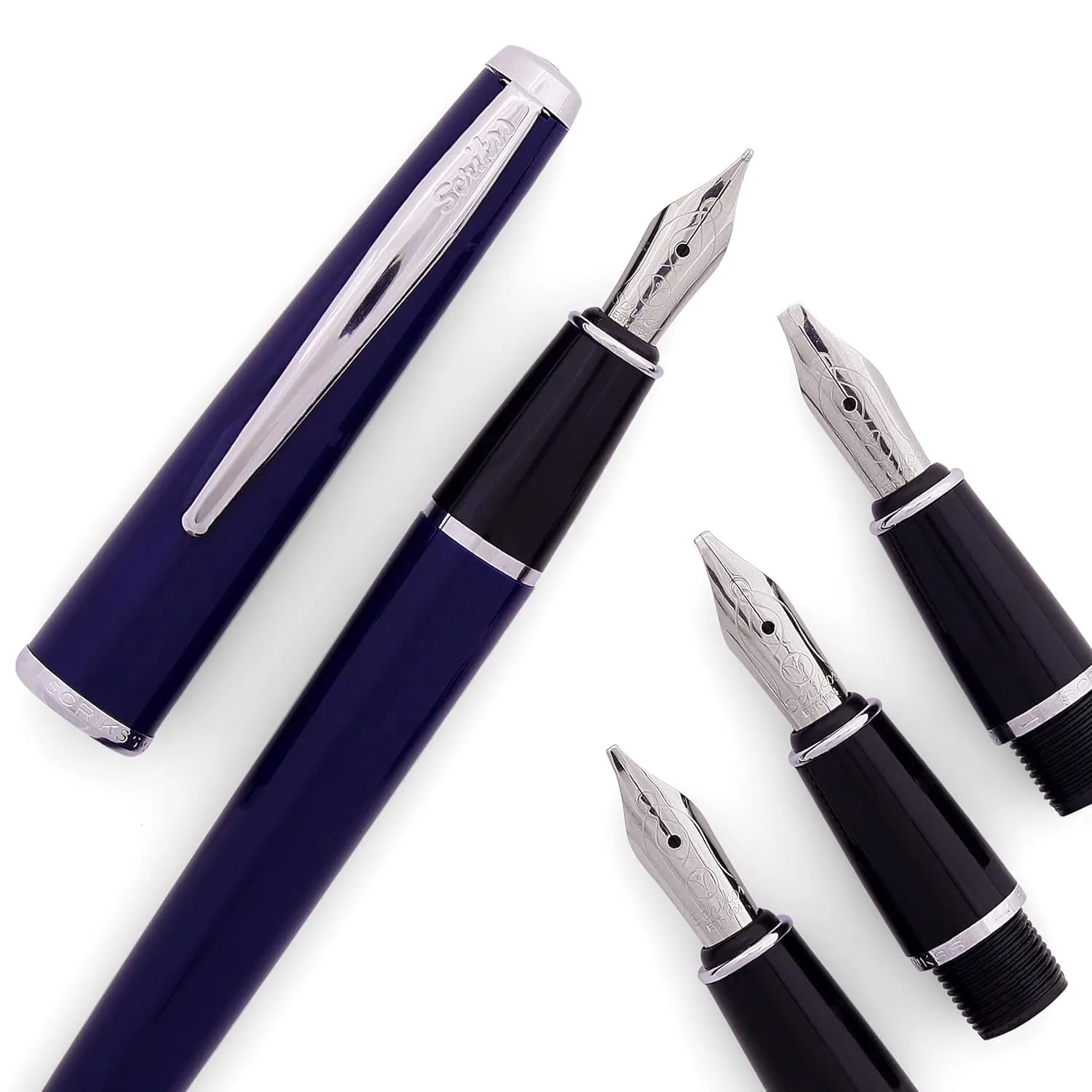 Scrikss Blue Calligraphy Pen Set Medium 1.1, 1.5, 2.3mm Nibs Chrome Trim Clip Converter 6 Black Ink Cartridges Blue Body & Cap