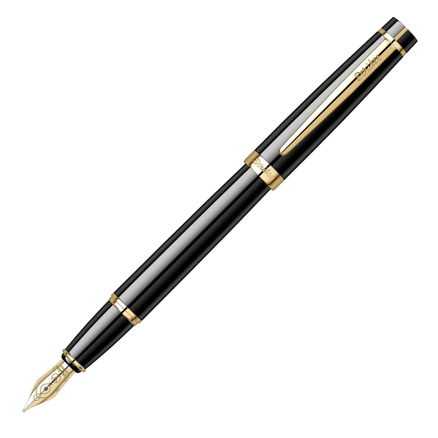 Scrikss Brass Medium Nib Fountain Ink Pen with Converter Glossy Black Inkpen with Gold Trims Honour 38 Series Premium Metal Pen for Writing