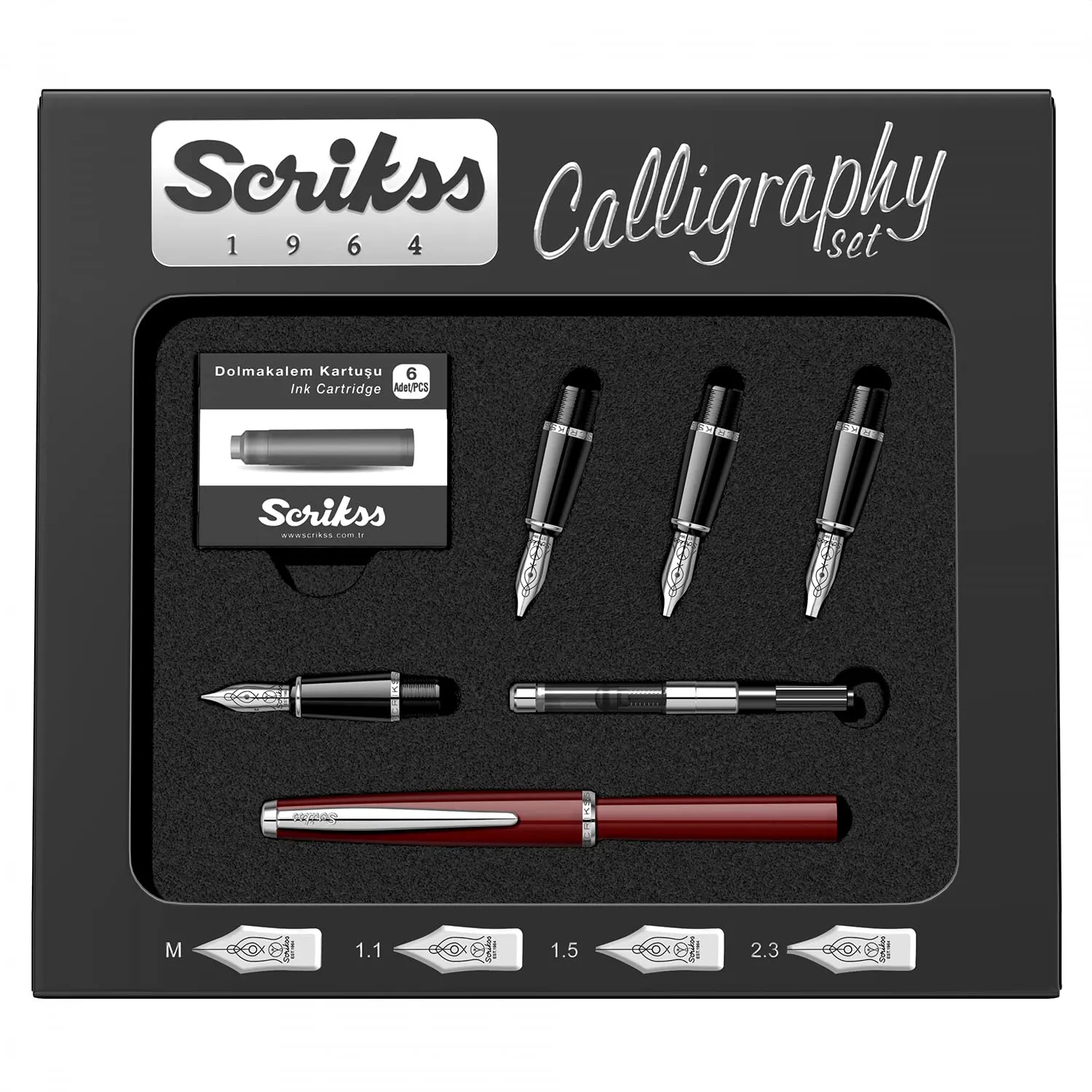 Scrikss Burgundy Calligraphy Pen Set With Medium, 1.1mm, 1.5mm, 2.3mm Nib, Chrome Trim Clip, Converter, 6 Black Ink Cartridges, Body & Cap Made Of Burgundy Acrylic Carbon Fibre, Grip Made Of ABS Black