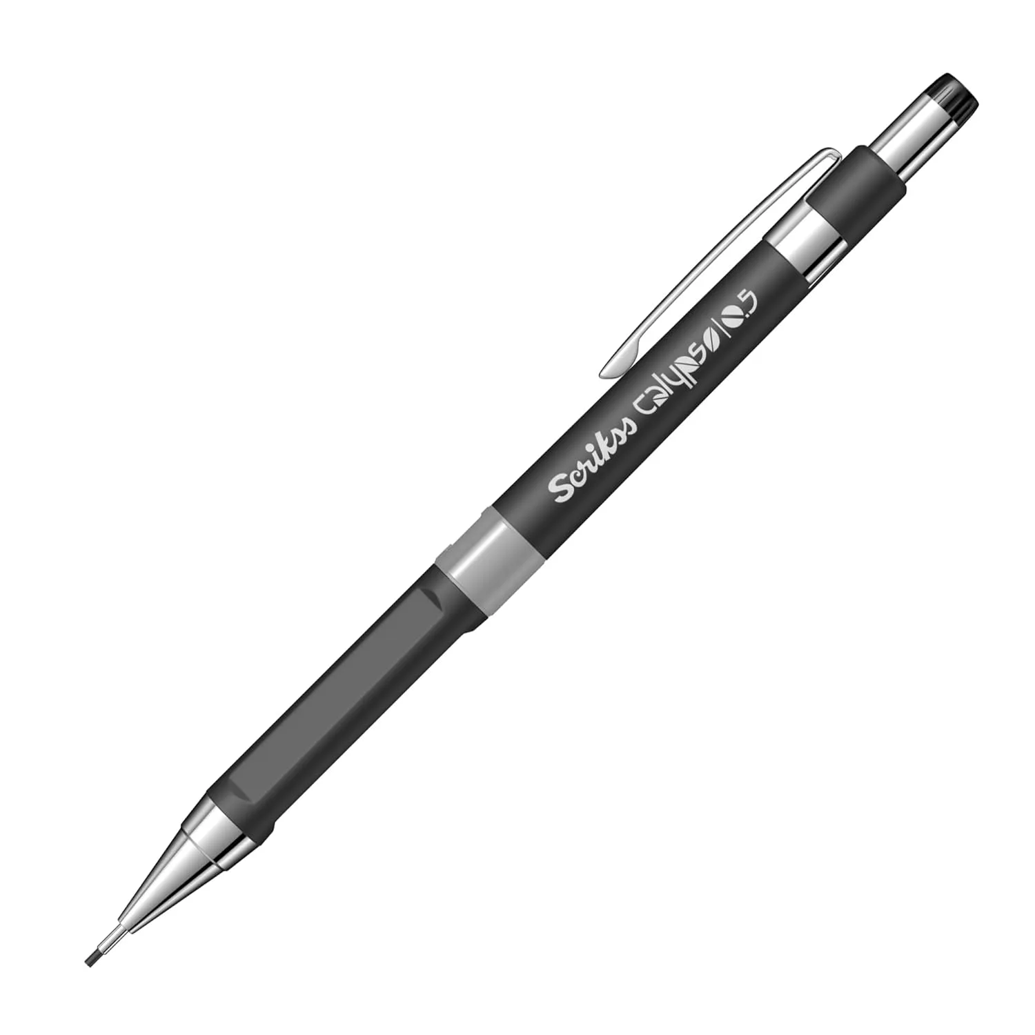 Scrikss Calypso 0.5mm Mechanical Lead Pencil Black Barrel Click Mechanism Jumbo Mini Eraser Included Ergonomic Black Rubber Grip