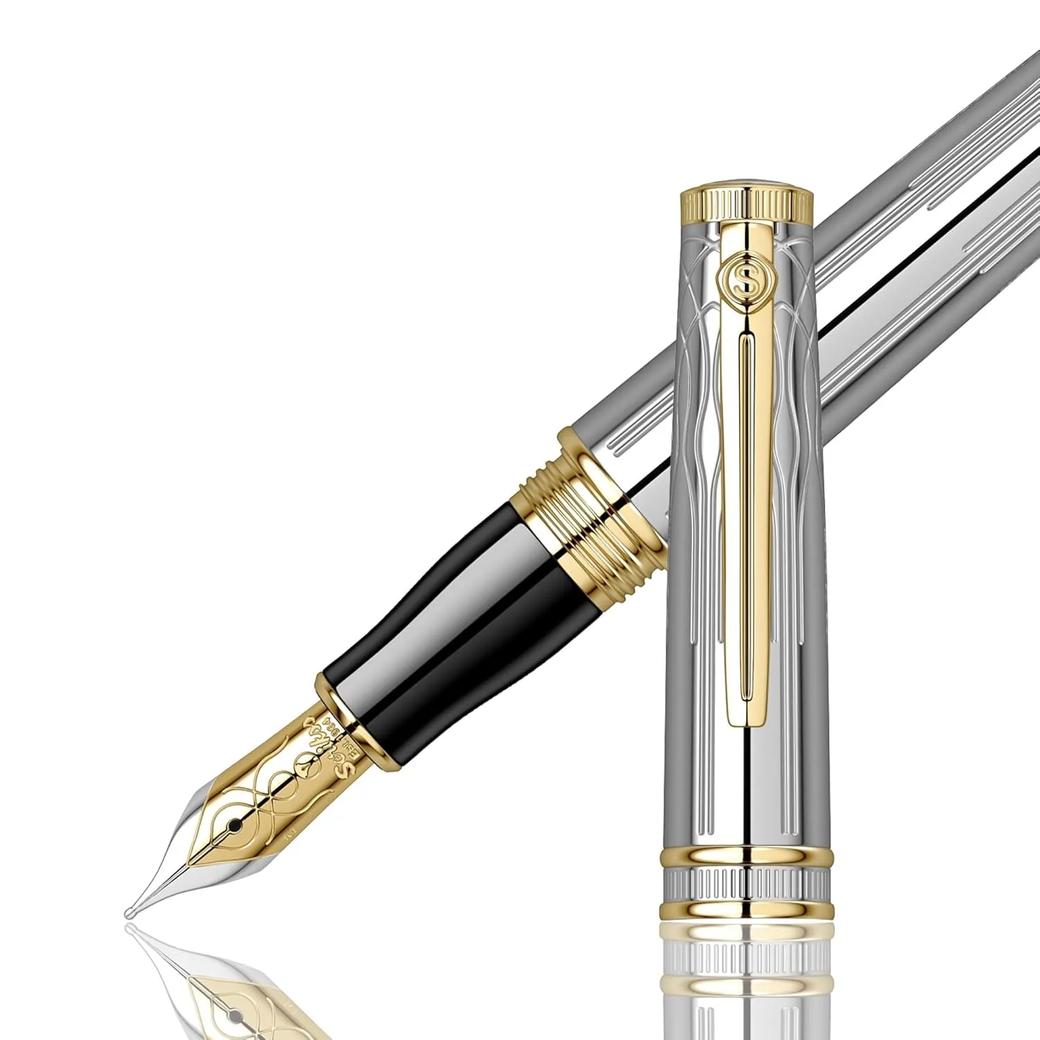 Scrikss Designer Fountain Ink Pen | Medium Nib Mounted with Converter Chiselled Chrome Plated Brass Body Gold Plated Trims | Heritage Series | Engraved Design
