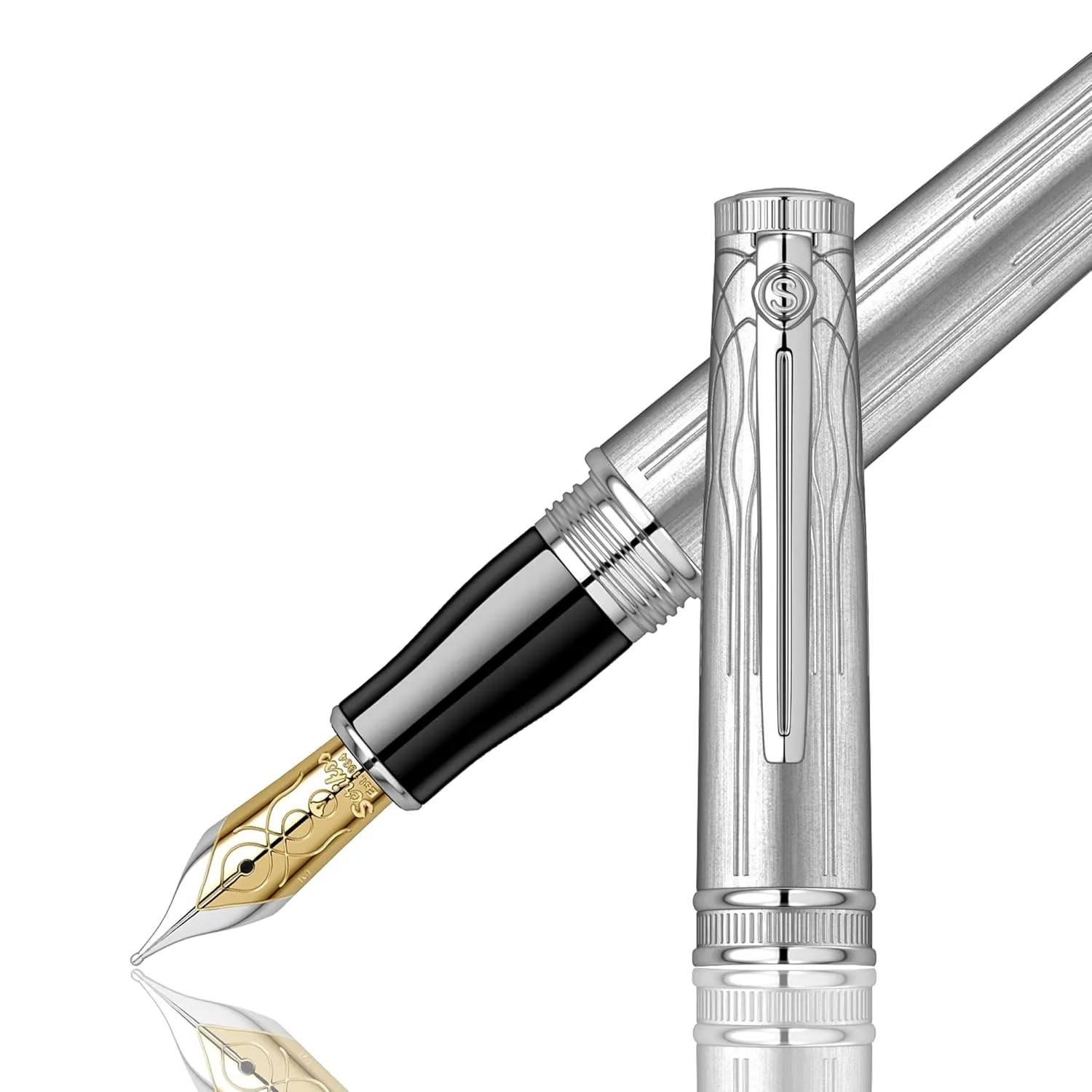 Scrikss Designer Fountain Ink Pen | Broad Nib Mounted with Converter Chiselled Platinum Plated Brass Body Platinum Plated Trims | Heritage Series | Engraved Design