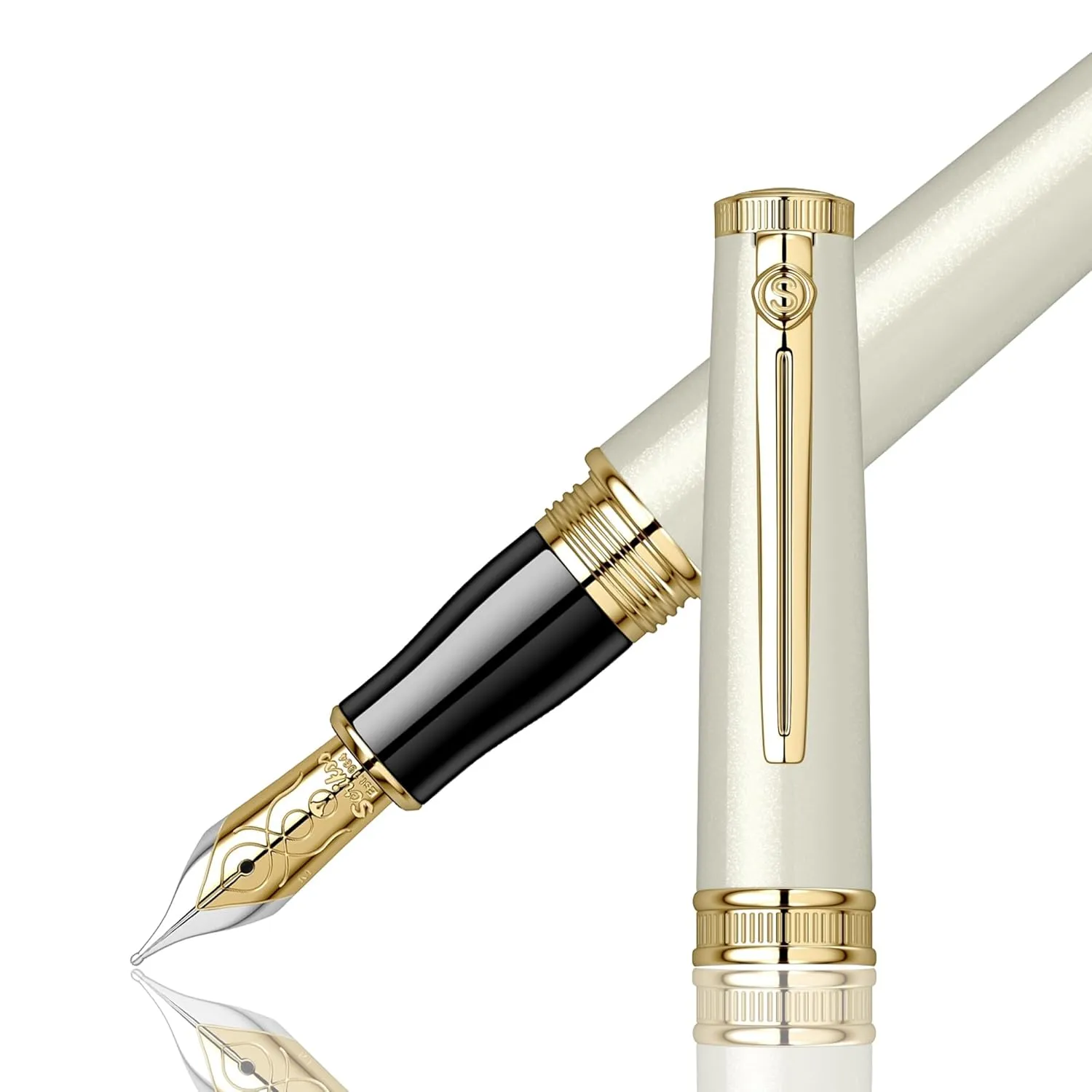 Scrikss Designer Fountain Ink Pen | Broad Nib Mounted with Converter Pearl White Ivory Brass Body Gold Plated Trims | Heritage Series | Engraved Design