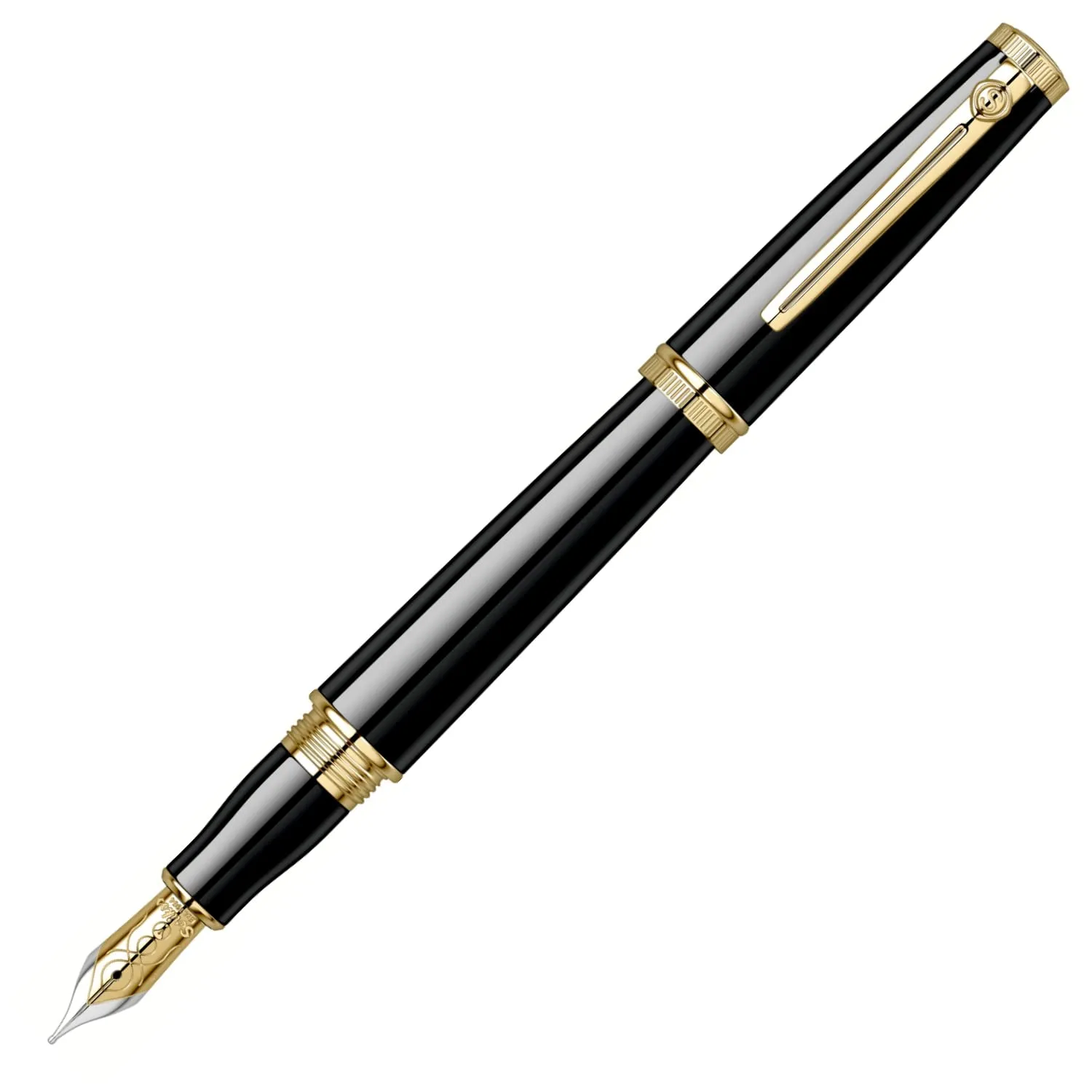 Scrikss Designer Fountain Ink Pen | Medium Nib Mounted with Converter Chiselled Black Brass Body Gold Plated Trims | Heritage Series | Engraved Design