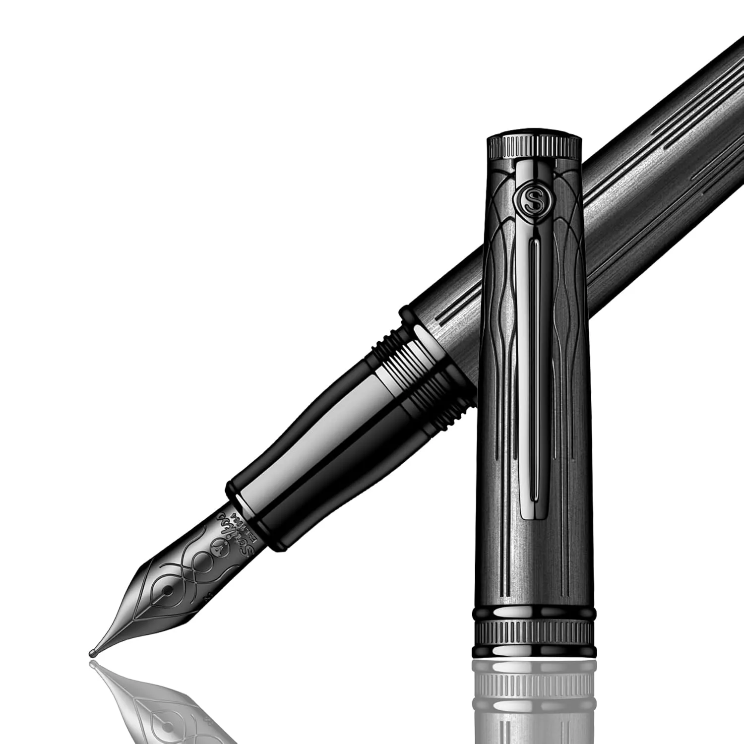 Scrikss Designer Fountain Ink Pen | Medium Nib Mounted with Converter Chiselled Titanium Plated Brass Body Titanium Plated Trims | Heritage Series | Engraved Design