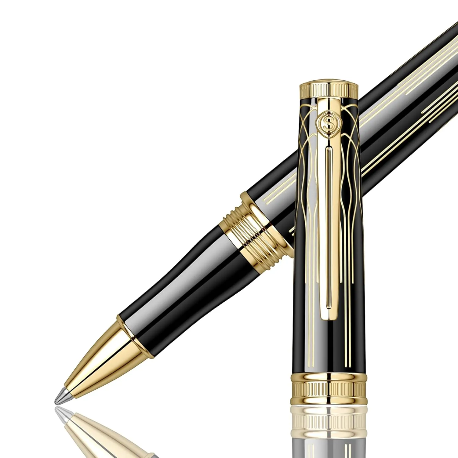 Scrikss Premium Designer Roller Ball Point Pen | Chiselled Black Brass Body Gold Plated Trims | Heritage Series | Engraved Design