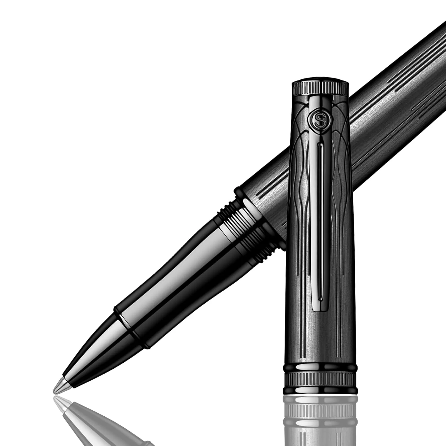 Scrikss Premium Designer Roller Ball Point Pen | Chiselled Titanium Plated Brass Body Titanium Plated Trims | Heritage Series | Engraved Design