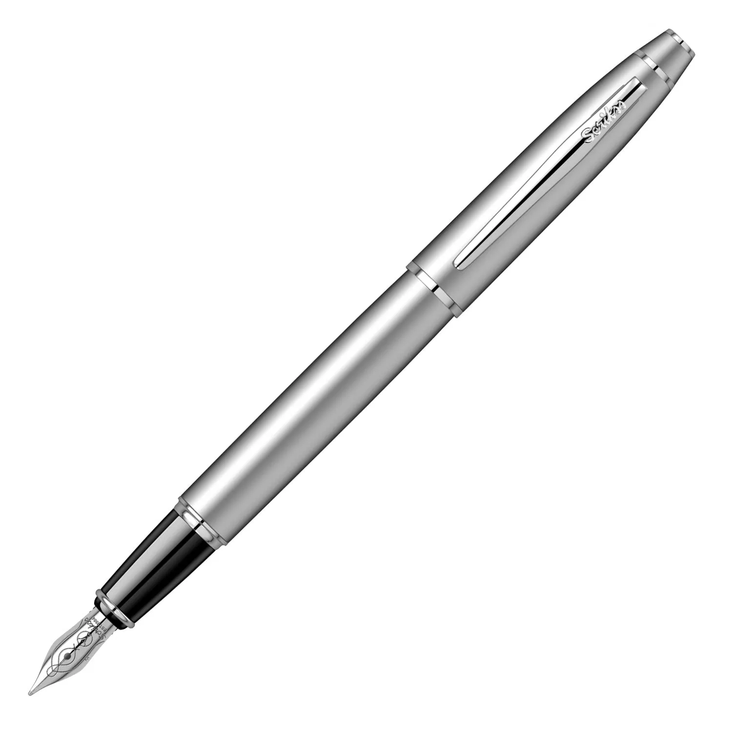 Scrikss Fountain Ink Pen | Medium Nib | Cartridge & Converter | Matt Chrome Plated Brass Body | Noble 35 Series | Modern and Elegant Pen Ideal for Gifting Using in Office Home