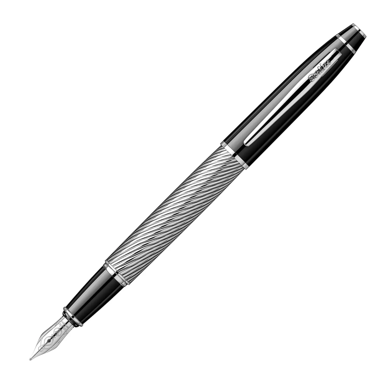 Scrikss Fountain Ink Pen Medium Nib Cartridge & Converter Black Chrome Spiral Brass Body Chrome Plated Trims Noble 35C Series Modern and Elegant Pen Ideal for Gifting Using in Office Home