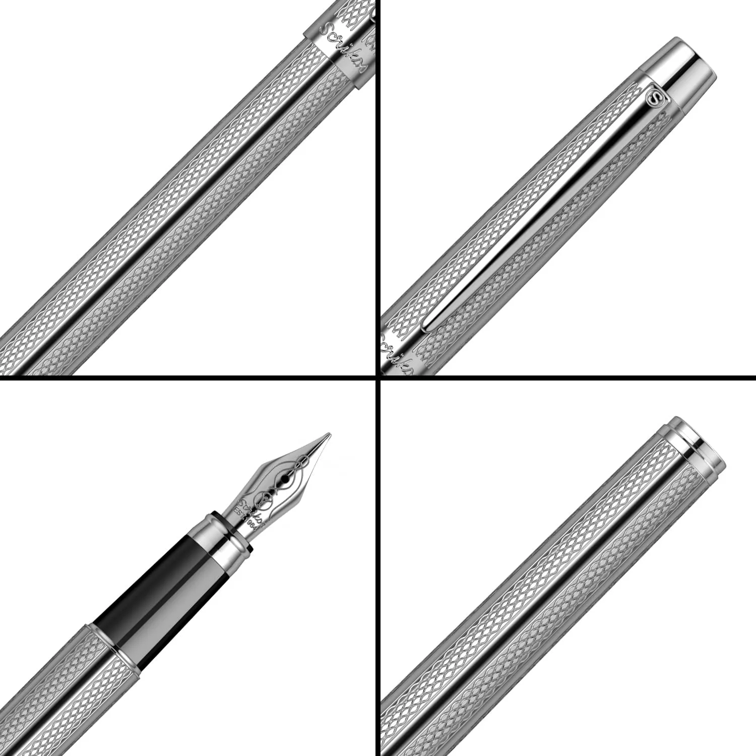 Scrikss Fountain Ink Pen Medium Nib Chrome Plated Brass Body Venus 722 Engraved with Wave Cut Pattern Ideal for Gifting Modern, Elegant