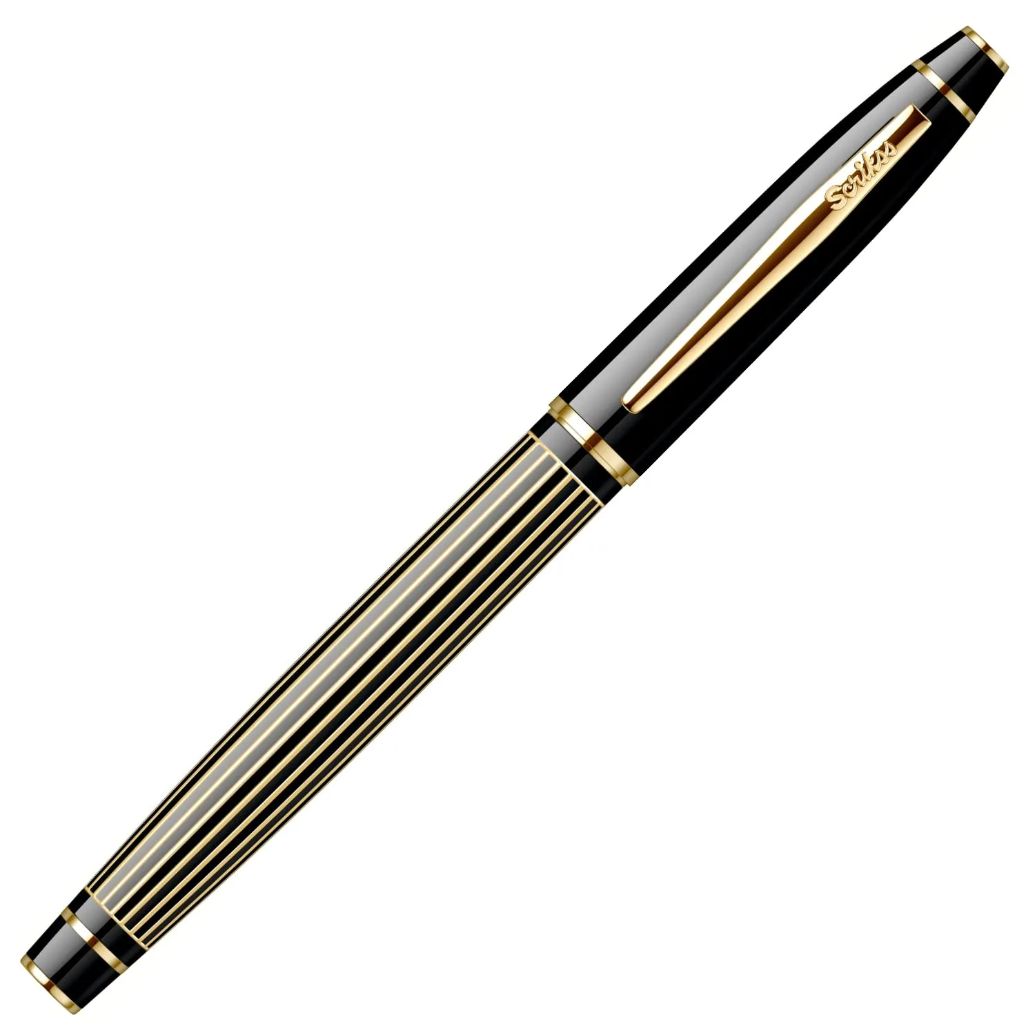 Scrikss Fountain Ink Pen Medium Nib Cartridge & Converter Black Striped Brass Body Gold Plated Trims Noble 35 Series Modern and Elegant Pen Ideal for Gifting Using in Office Home