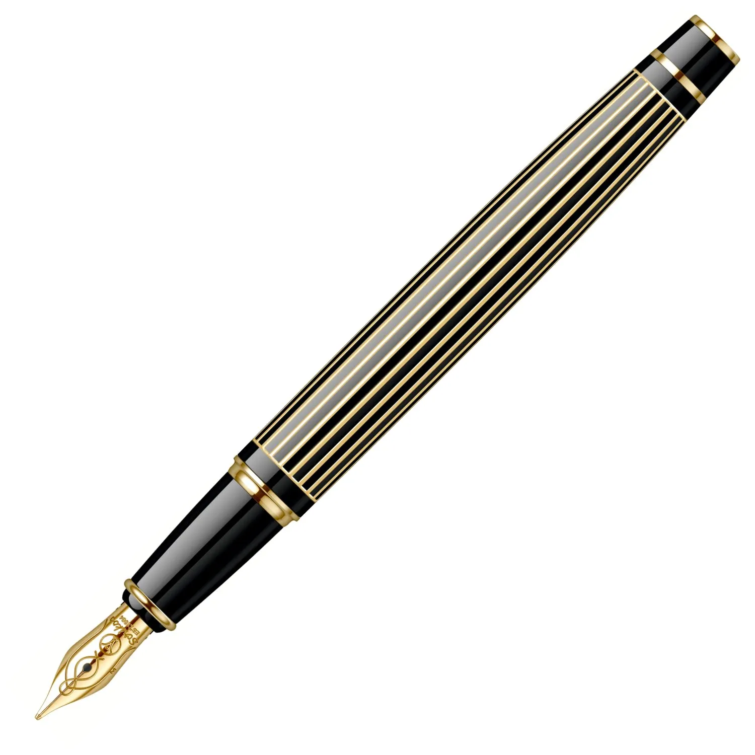 Scrikss Fountain Ink Pen Medium Nib Cartridge & Converter Black Striped Brass Body Gold Plated Trims Noble 35 Series Modern and Elegant Pen Ideal for Gifting Using in Office Home