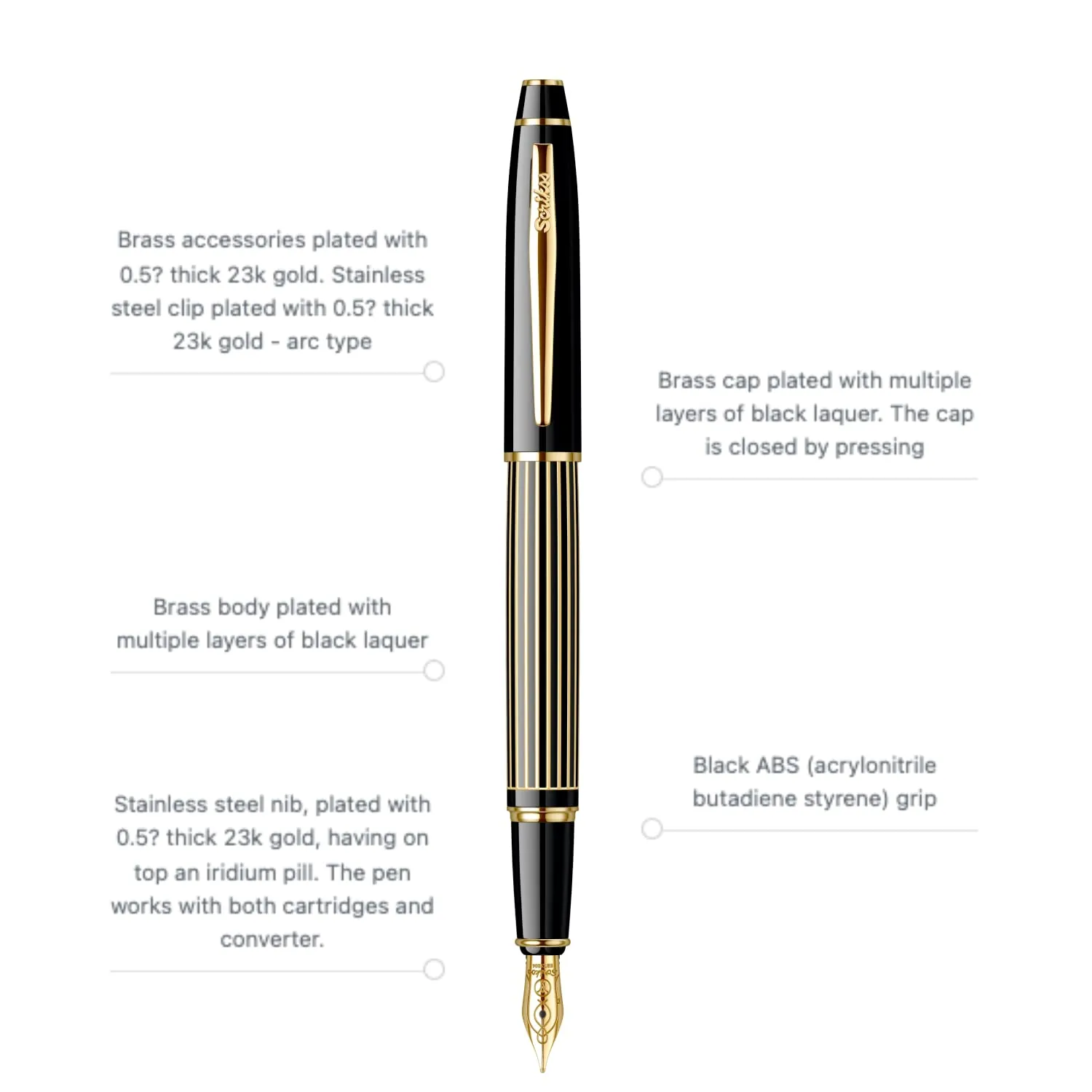 Scrikss Fountain Ink Pen Medium Nib Cartridge & Converter Black Striped Brass Body Gold Plated Trims Noble 35 Series Modern and Elegant Pen Ideal for Gifting Using in Office Home