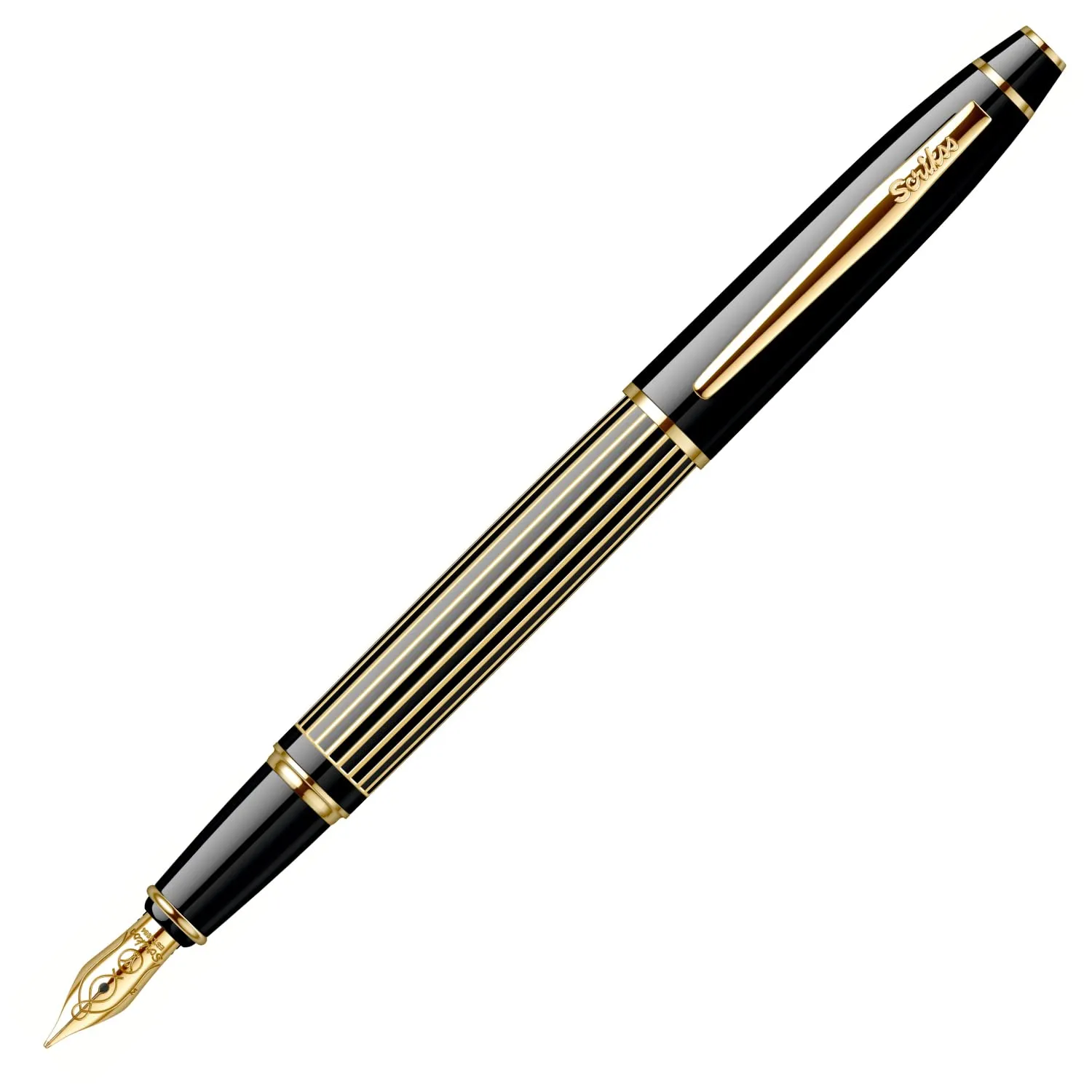 Scrikss Fountain Ink Pen Medium Nib Cartridge & Converter Black Striped Brass Body Gold Plated Trims Noble 35 Series Modern and Elegant Pen Ideal for Gifting Using in Office Home