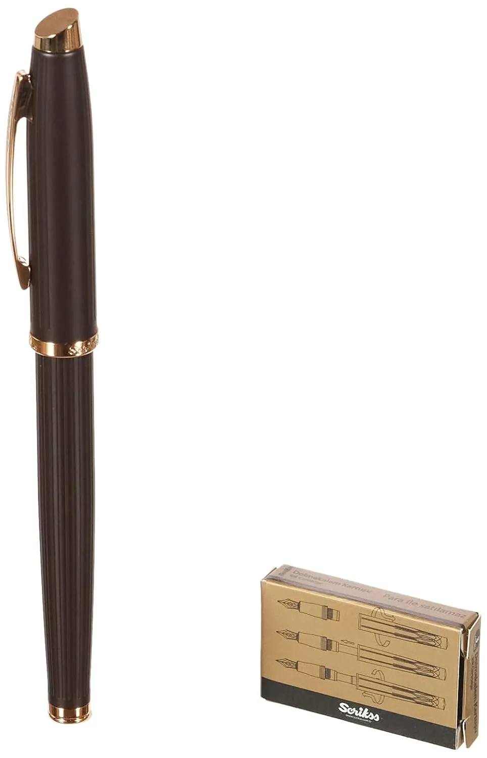 Scrikss Fountain Ink Pen Medium Nib Cartridge & Converter Brown Brass Body with 23k Rose Gold Accessories Oscar 39 Series Modern & Elegant Design Ideal for Office, Home, College, Gifting