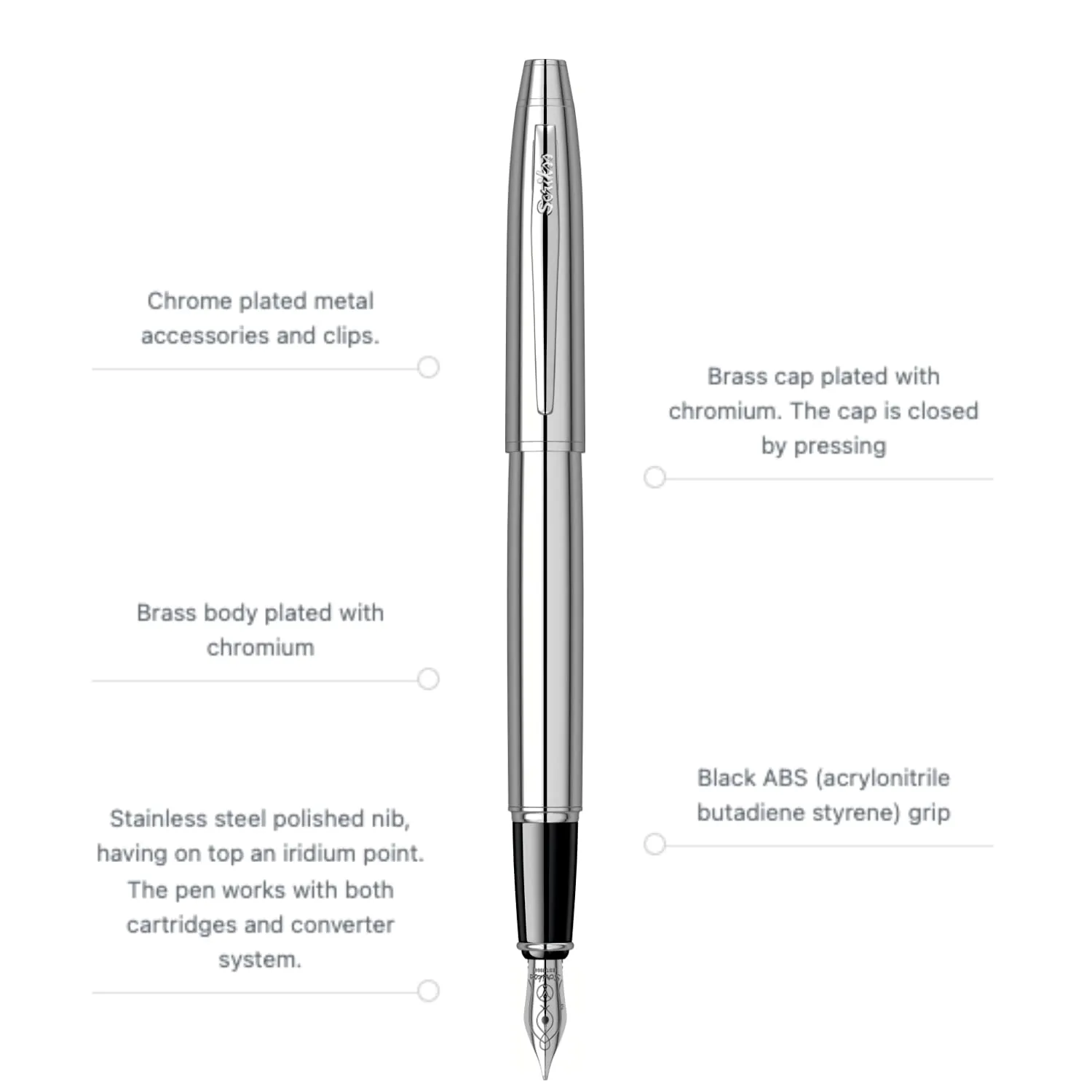 Scrikss Fountain Ink Pen Medium Nib Cartridge & Converter Chrome Plated Brass Body Noble 35 Series Modern and Elegant Pen Ideal for Gifting Using in Office Home