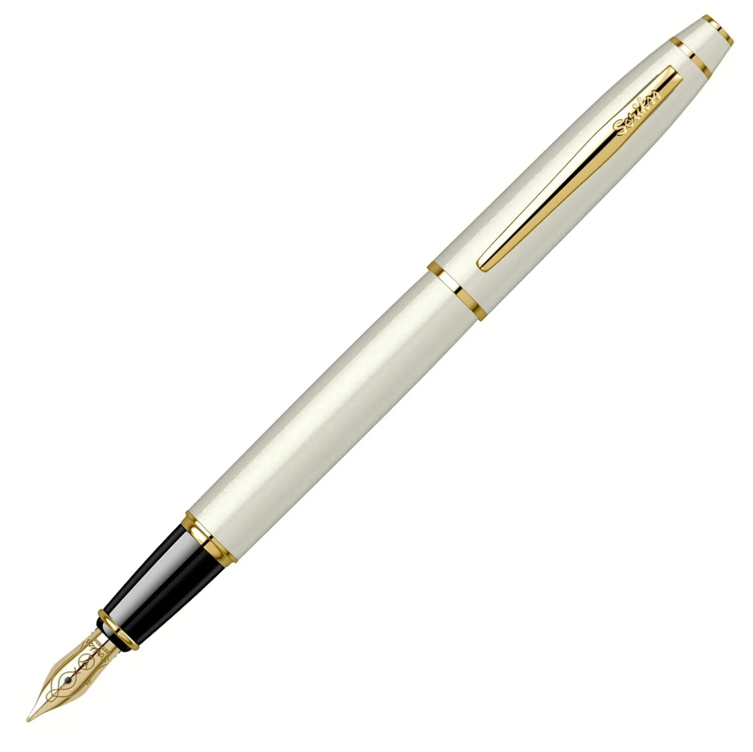 Scrikss Fountain Ink Pen Medium Nib Cartridge & Converter Pearl White Brass Body Gold Plated Trims Noble 35 Series Modern and Elegant Pen Ideal for Gifting Using in Office Home