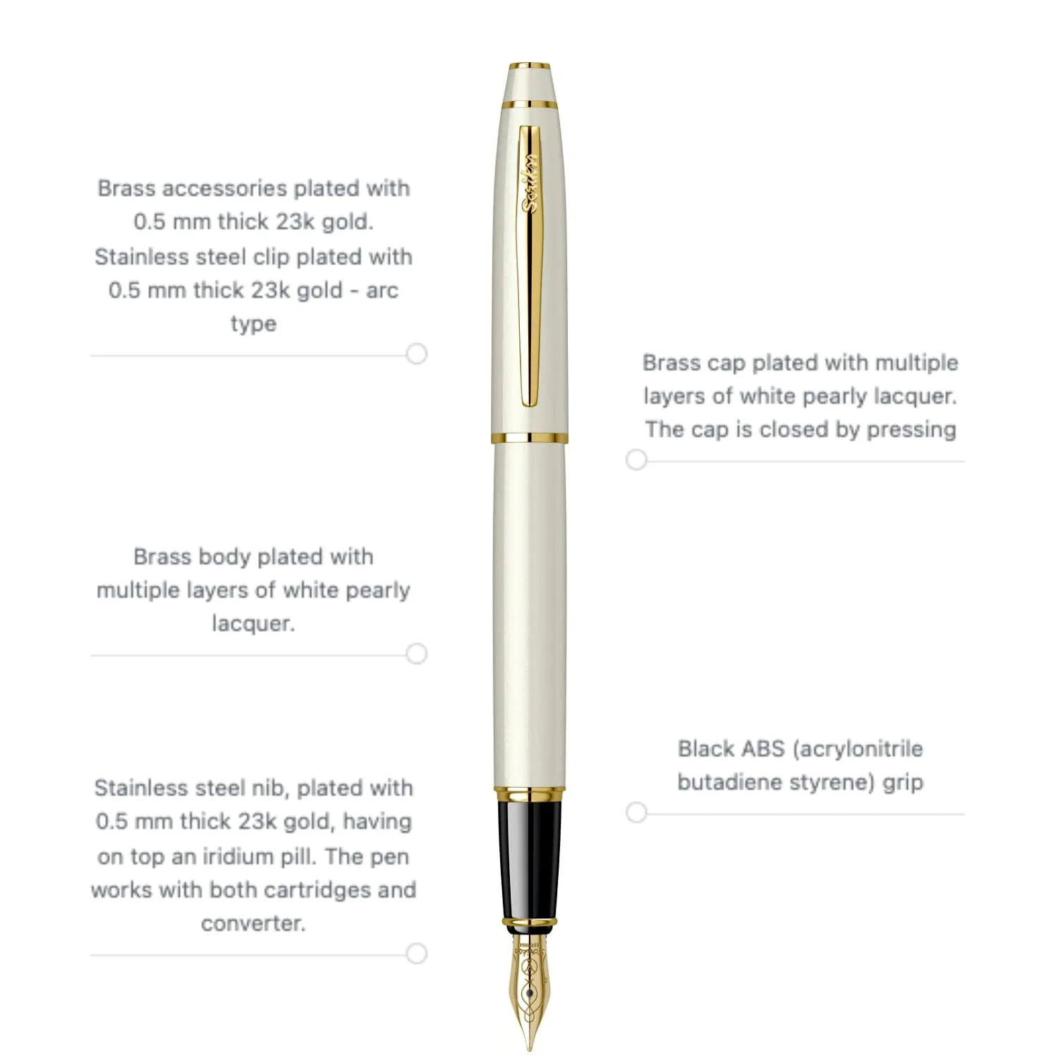 Scrikss Fountain Ink Pen Medium Nib Cartridge & Converter Pearl White Brass Body Gold Plated Trims Noble 35 Series Modern and Elegant Pen Ideal for Gifting Using in Office Home