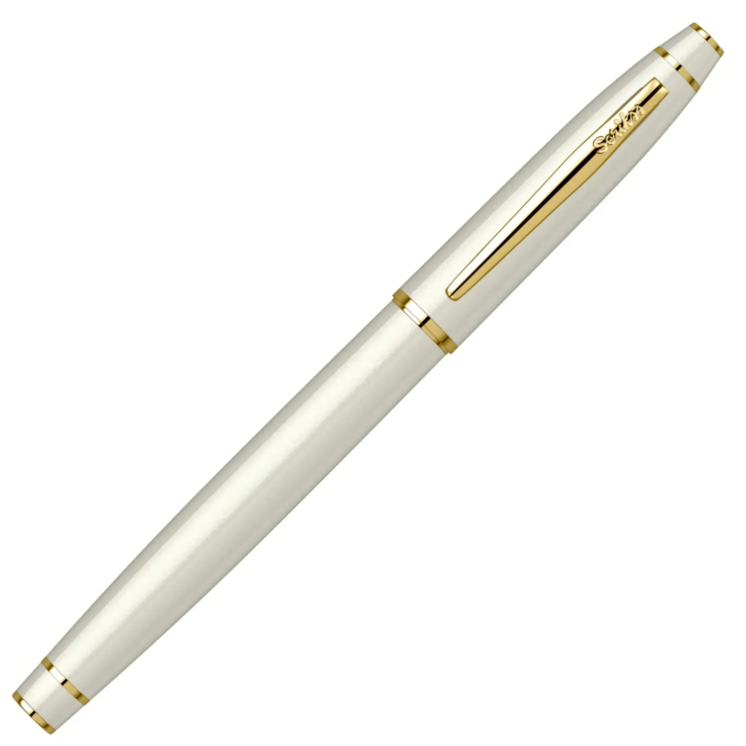 Scrikss Fountain Ink Pen Medium Nib Cartridge & Converter Pearl White Brass Body Gold Plated Trims Noble 35 Series Modern and Elegant Pen Ideal for Gifting Using in Office Home