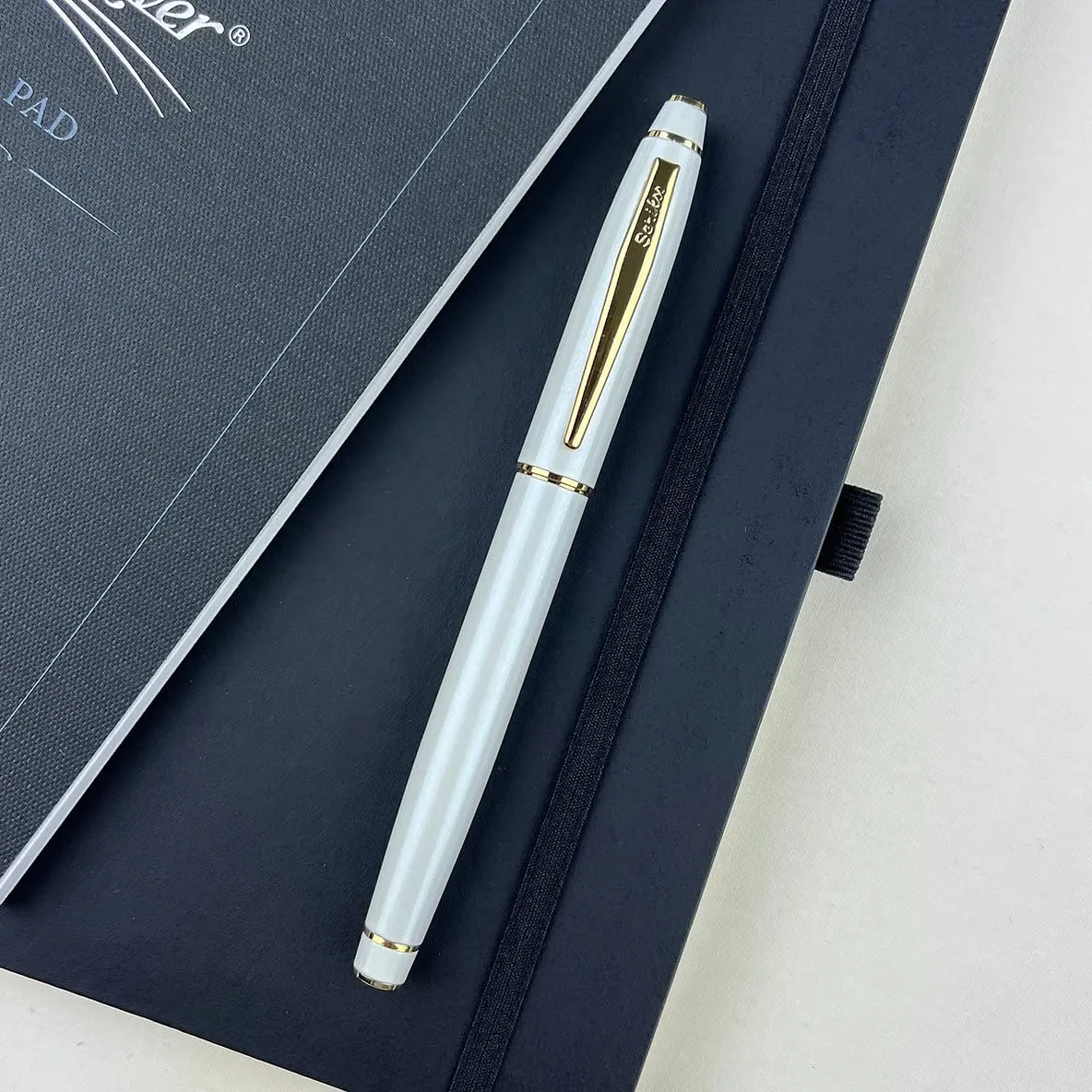 Scrikss Fountain Ink Pen Medium Nib Cartridge & Converter Pearl White Brass Body Gold Plated Trims Noble 35 Series Modern and Elegant Pen Ideal for Gifting Using in Office Home