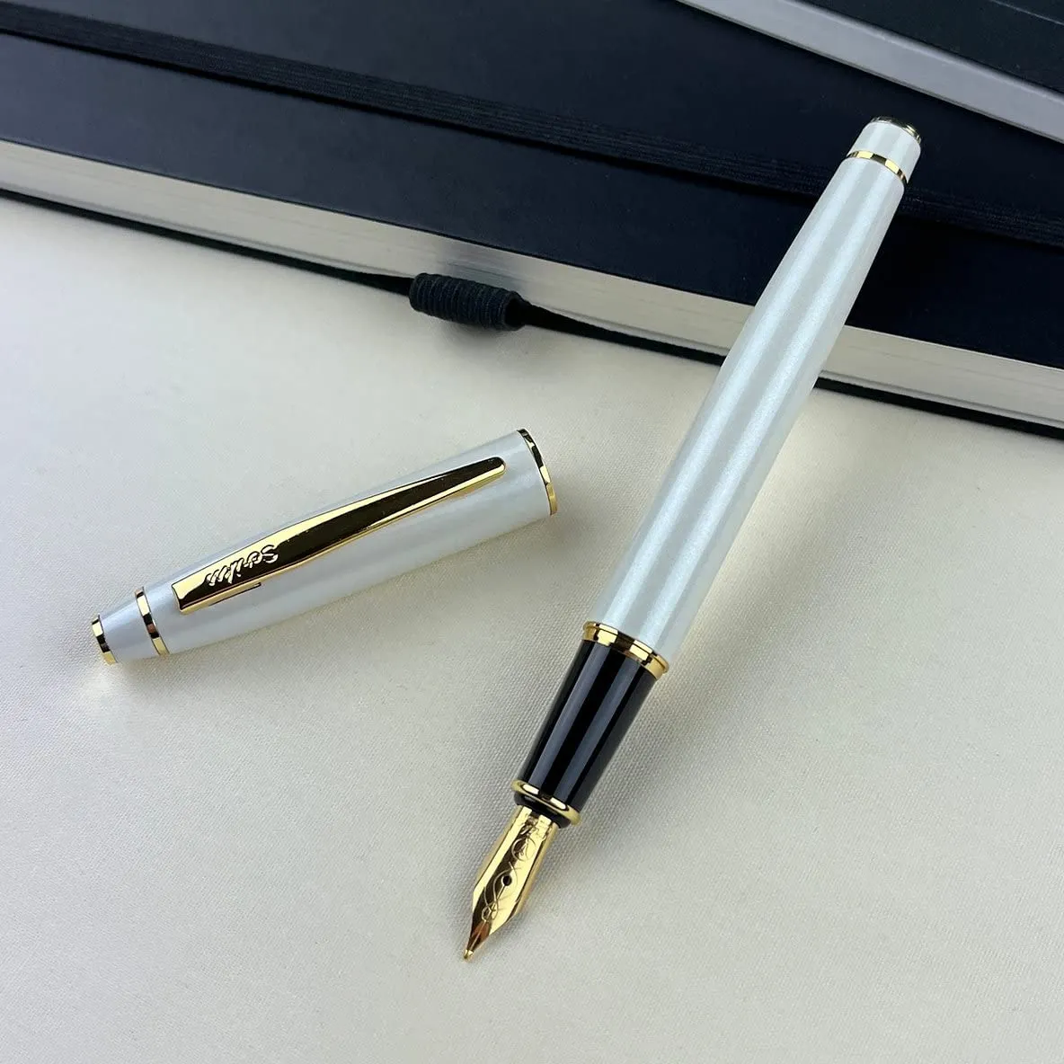 Scrikss Fountain Ink Pen Medium Nib Cartridge & Converter Pearl White Brass Body Gold Plated Trims Noble 35 Series Modern and Elegant Pen Ideal for Gifting Using in Office Home