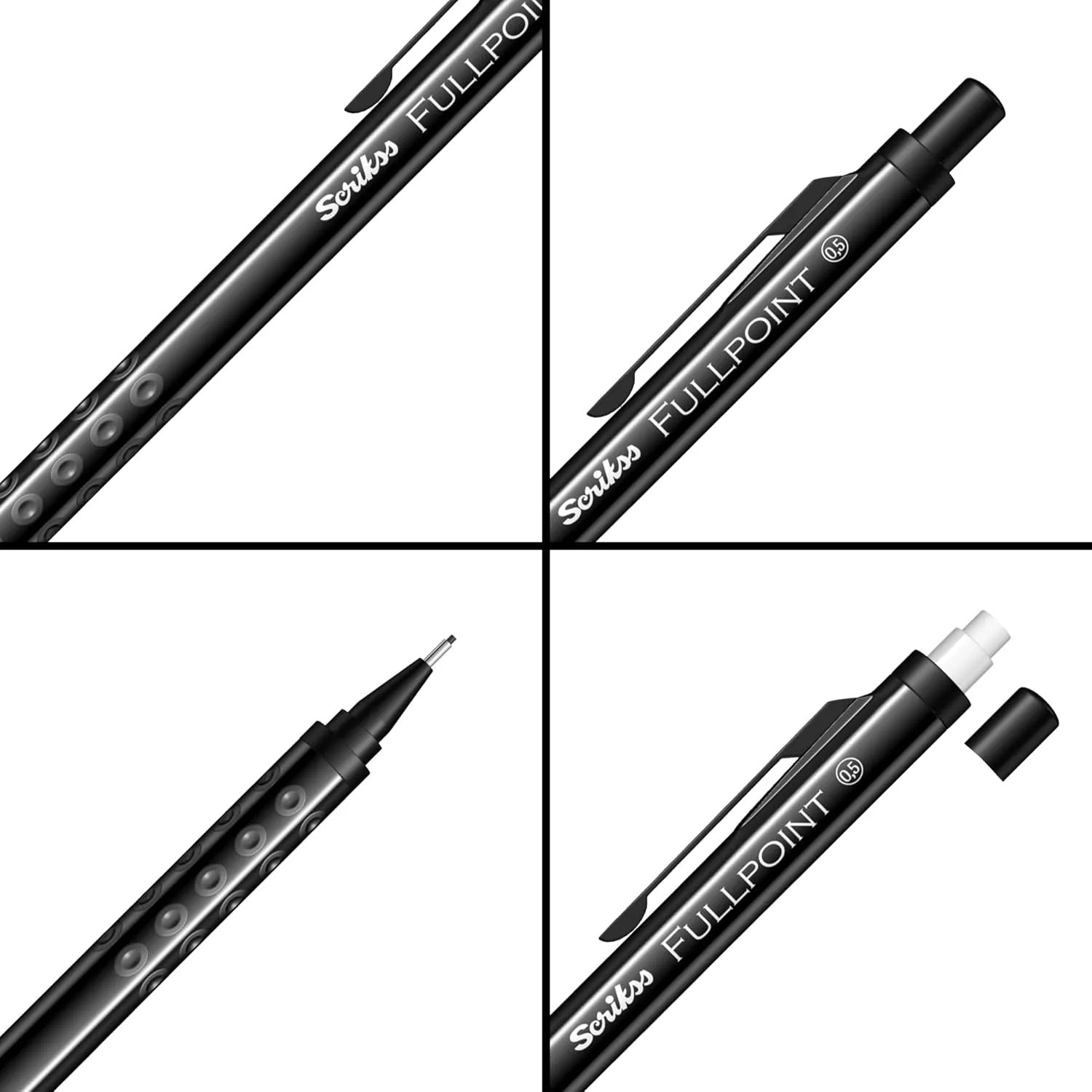 Scrikss Full Point Black Edition 0.5mm Mechanical Lead Pencil Black Body Click Mechanism Mini Jumbo Eraser Included Ergonomic Grip