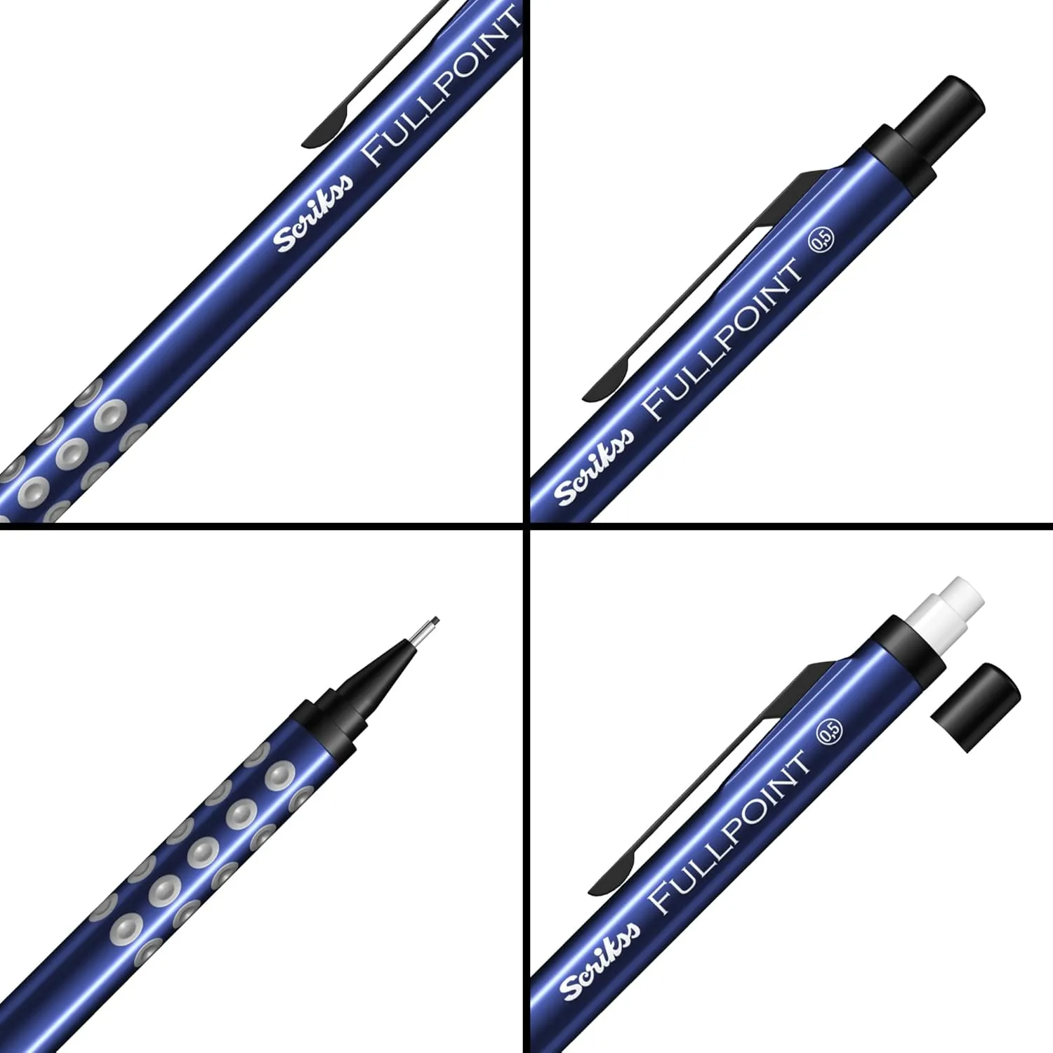 Scrikss Full Point Black Edition 0.5mm Mechanical Lead Pencil Dark Blue Body Click Mechanism Mini Jumbo Eraser Included Ergonomic Grip
