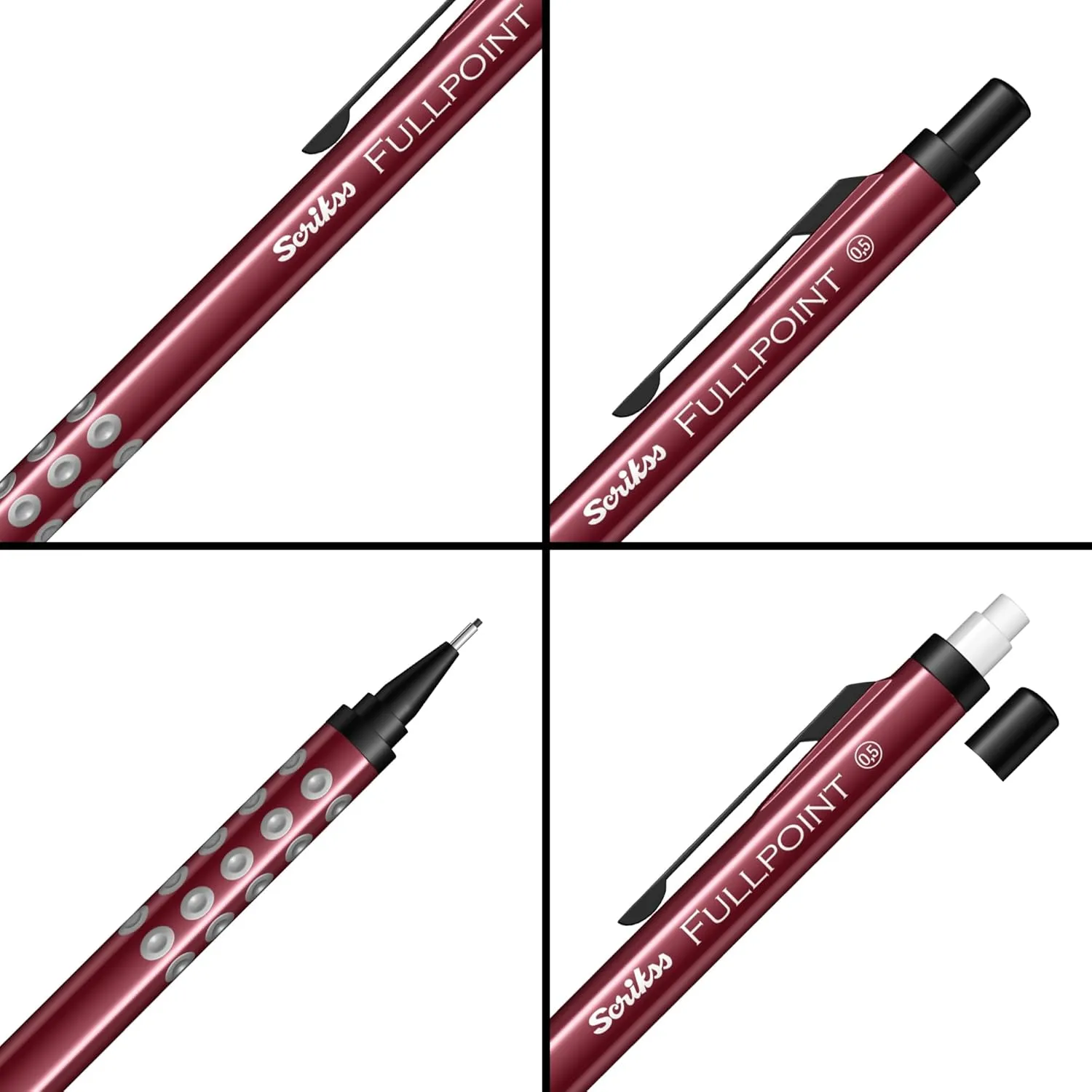Scrikss Full Point Black Edition 0.5mm Mechanical Lead Pencil Red Body Click Mechanism Mini Jumbo Eraser Included Ergonomic Grip