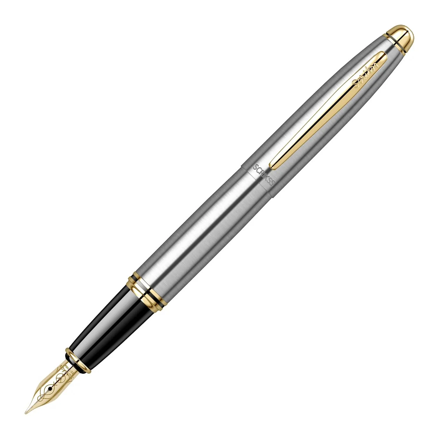 Scrikss Medium Nib Brass Metal Fountain Ink Pen with Converter Chrome Plated Knight 88 Series Inkpen with Gold Trims for Smooth Writing