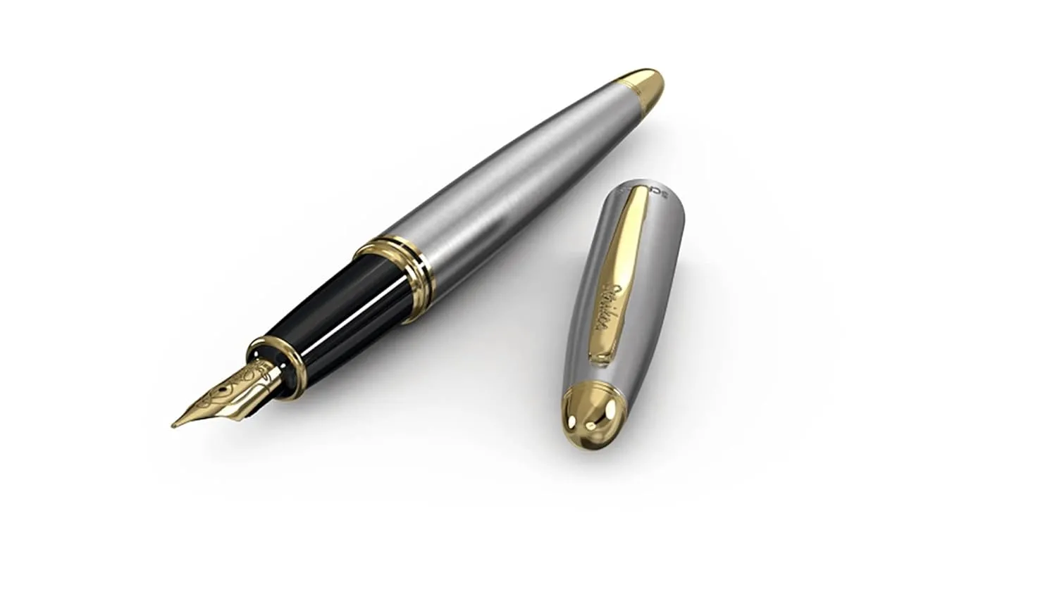 Scrikss Medium Nib Brass Metal Fountain Ink Pen with Converter Chrome Plated Knight 88 Series Inkpen with Gold Trims for Smooth Writing