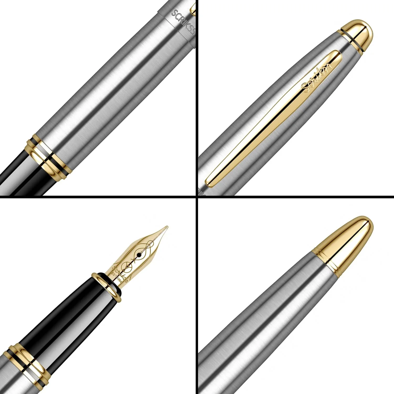 Scrikss Medium Nib Brass Metal Fountain Ink Pen with Converter Chrome Plated Knight 88 Series Inkpen with Gold Trims for Smooth Writing