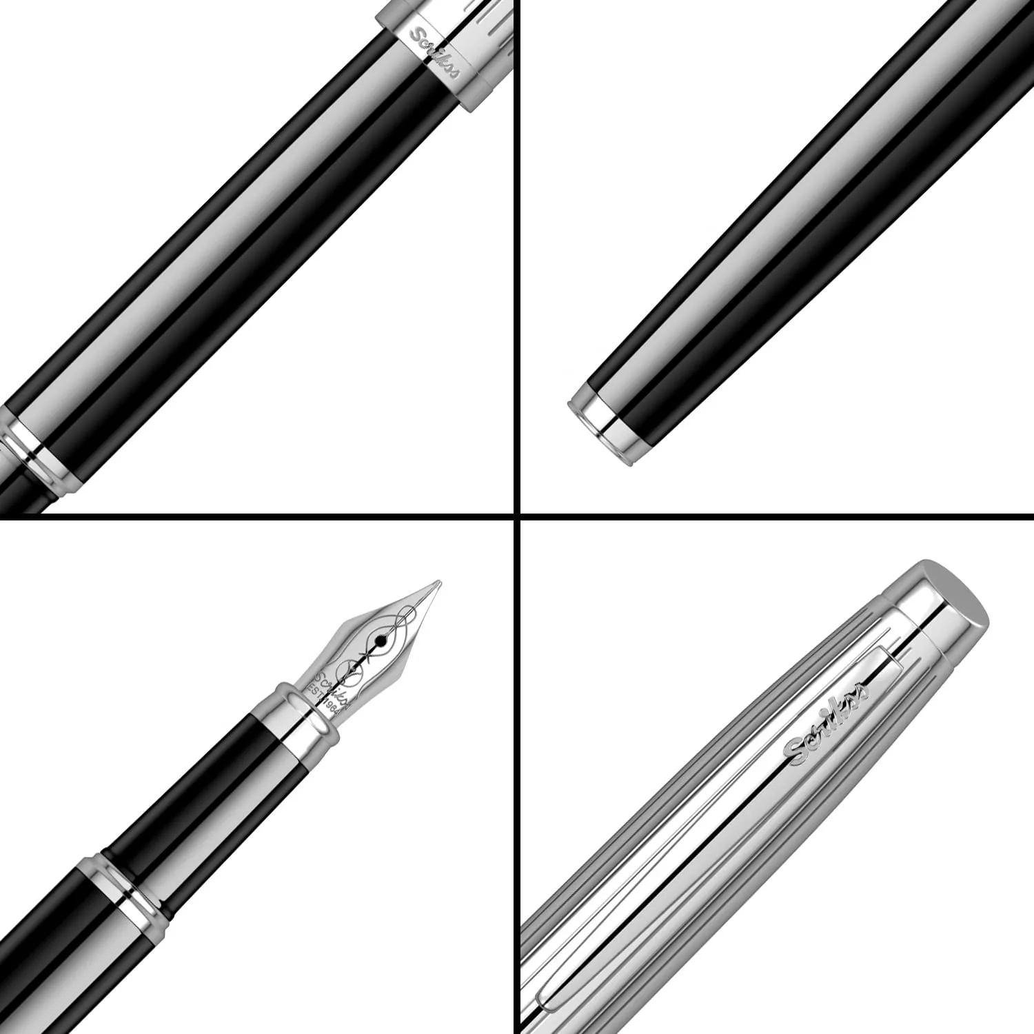 Scrikss Medium Nib Brass Metal Fountain Ink Pen with Converter Oscar 39 Series Black Plated