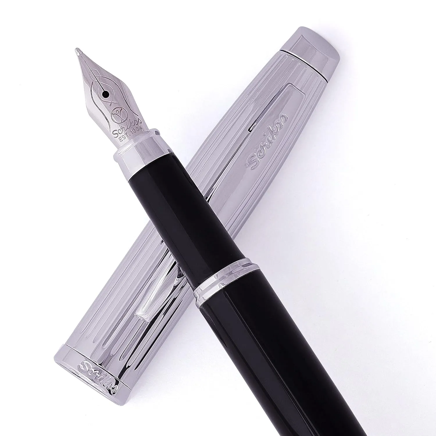 Scrikss Medium Nib Brass Metal Fountain Ink Pen with Converter Oscar 39 Series Black Plated & Chrome Trims Inkpen for Smooth Writing