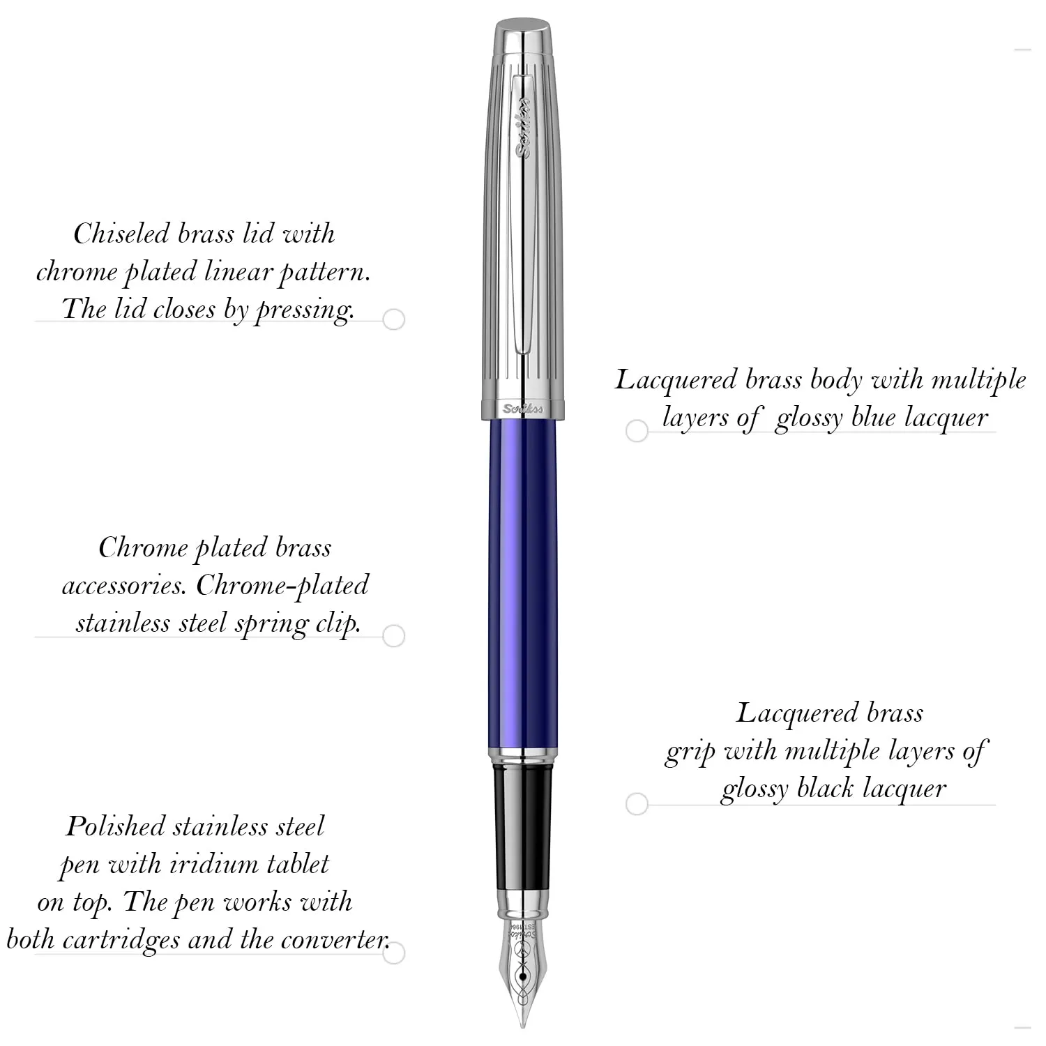 Scrikss Medium Nib Brass Metal Fountain Ink Pen with Converter Oscar 39 Series Blue Plated Barrel