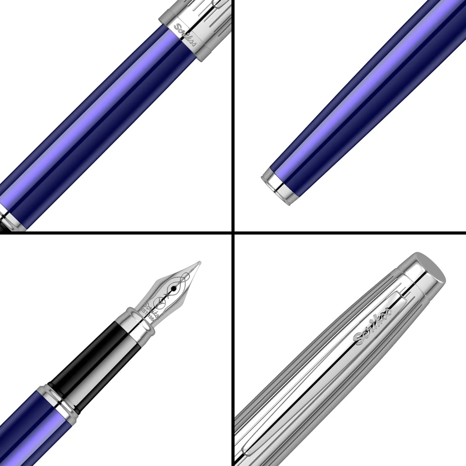 Scrikss Medium Nib Brass Metal Fountain Ink Pen with Converter Oscar 39 Series Blue Plated Barrel