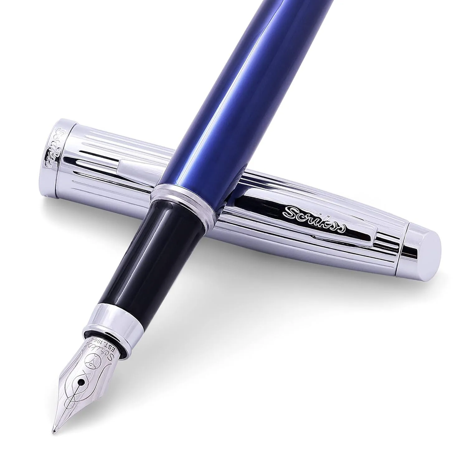 Scrikss Medium Nib Brass Metal Fountain Ink Pen with Converter Oscar 39 Series Blue Plated Barrel & Chrome Plated Cap & Trims Inkpen for Smooth Writing