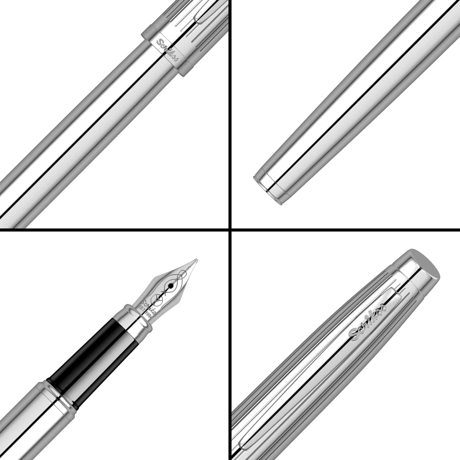 Scrikss Medium Nib Brass Metal Fountain Ink Pen with Converter Oscar 39 Series Chrome Plated Inkpen for Smooth Writing