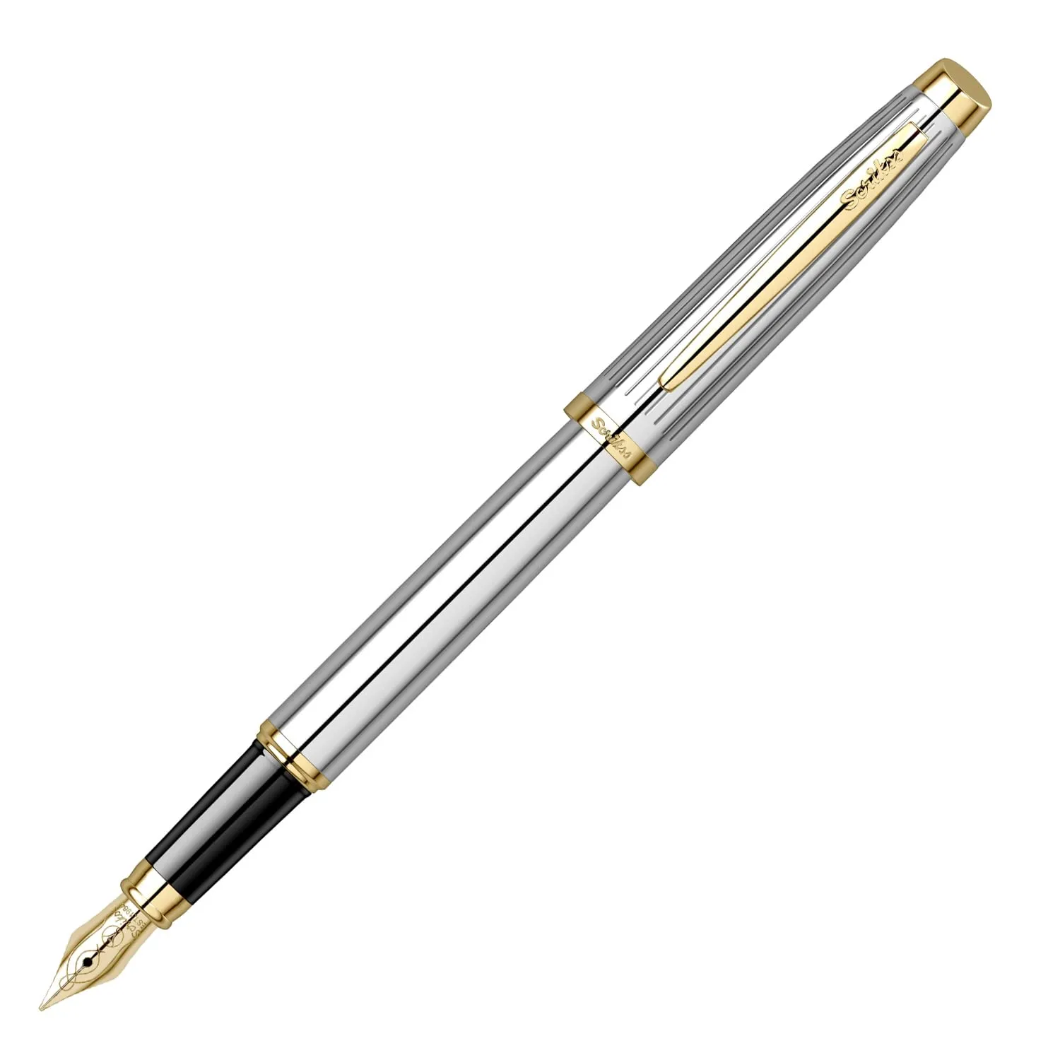 Scrikss Medium Nib Brass Metal Fountain Ink Pen with Converter Oscar 39 Series Chrome Plated Inkpen with Gold Trims for Smooth Writing