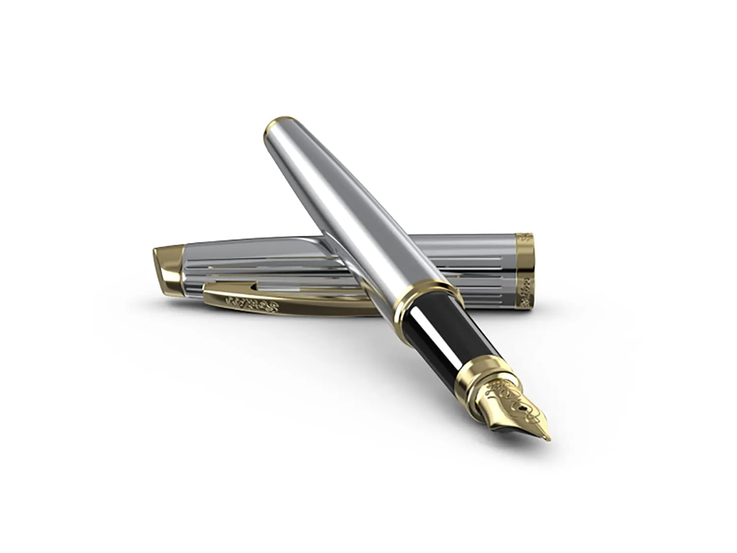 Scrikss Medium Nib Brass Metal Fountain Ink Pen with Converter Oscar 39 Series Chrome Plated Inkpen with Gold Trims for Smooth Writing