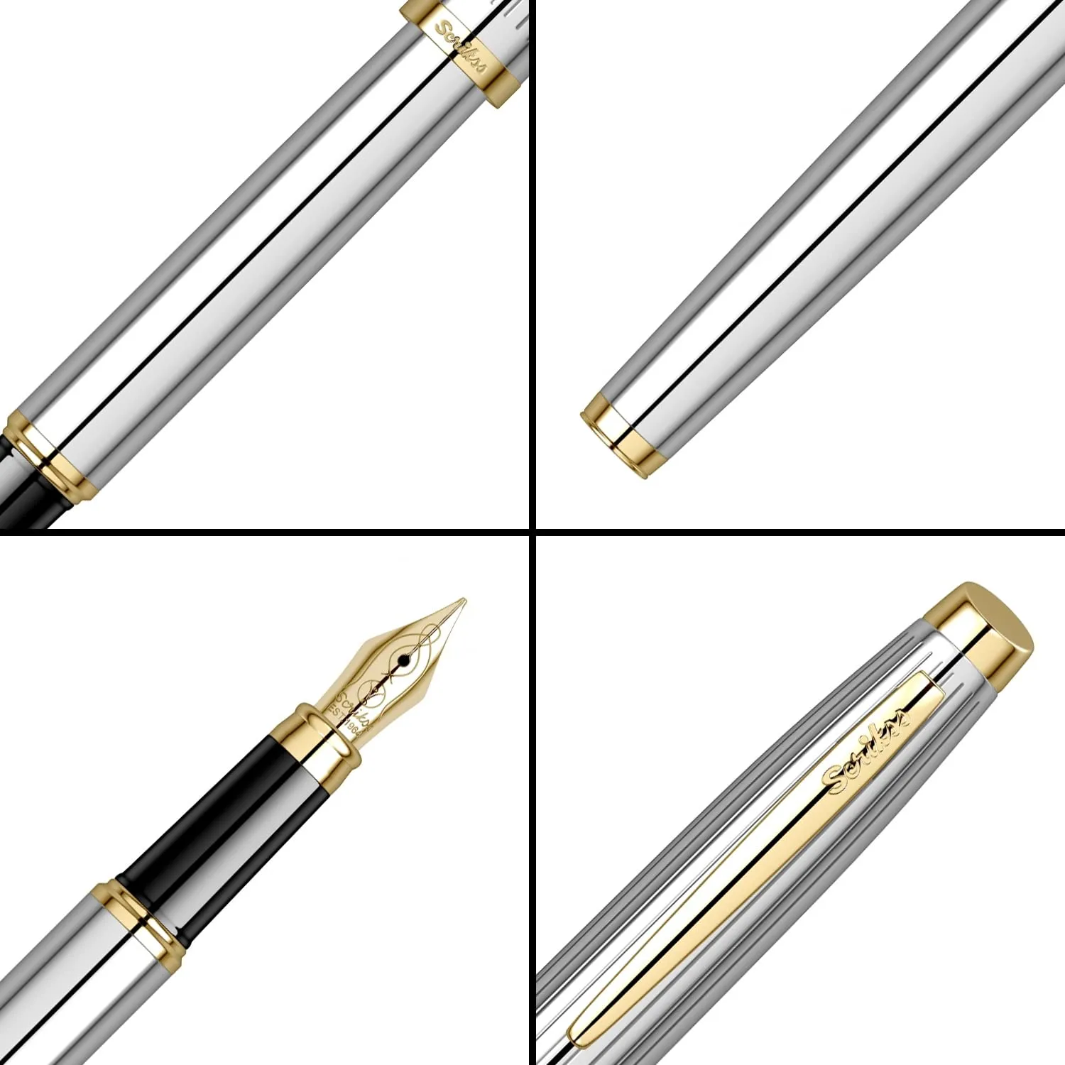 Scrikss Medium Nib Brass Metal Fountain Ink Pen with Converter Oscar 39 Series Chrome Plated Inkpen with Gold Trims for Smooth Writing