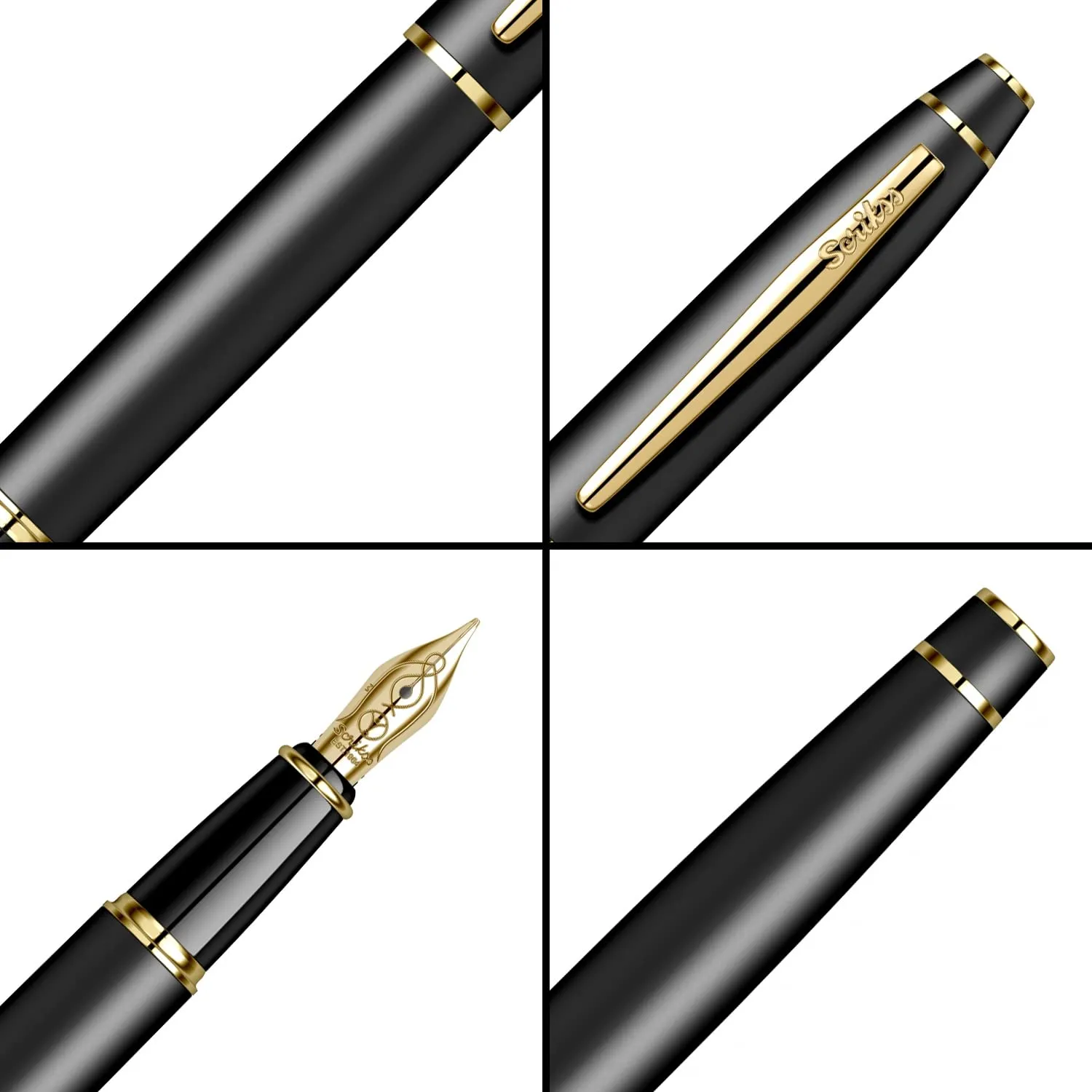 Scrikss Medium Nib Fountain Ink Pen Matt Black Brass Body Gold Plated Trims Noble 35 Series Modern and Elegant Pen Ideal for Gifting Using in Office Home