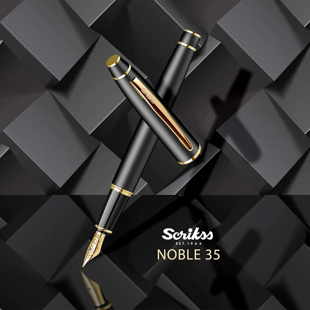 Scrikss Medium Nib Fountain Ink Pen Matt Black Brass Body Gold Plated Trims Noble 35 Series Modern and Elegant Pen Ideal for Gifting Using in Office Home